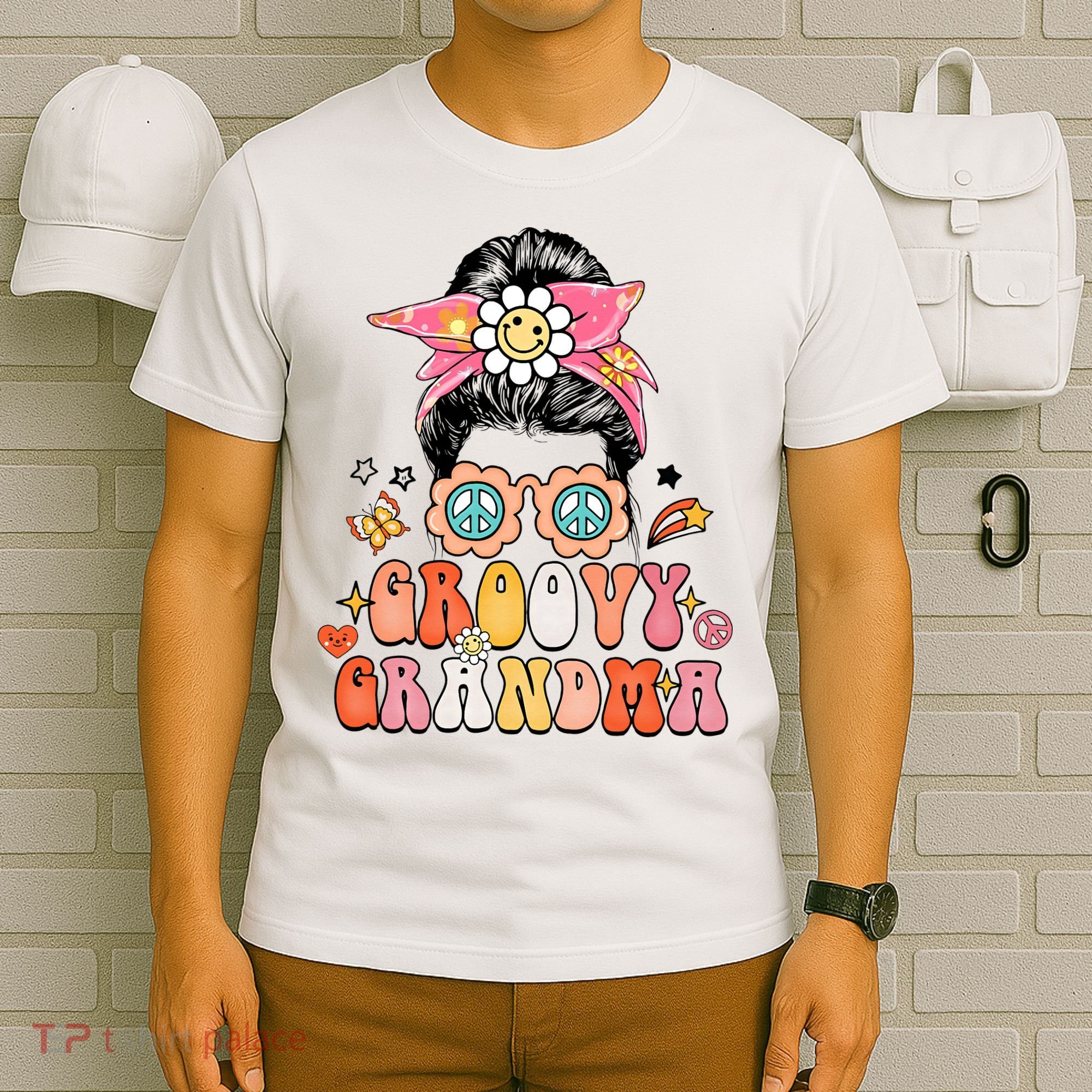 Retro Groovy Grandma Messy Bun  Hippie Family Matching T-Shirt