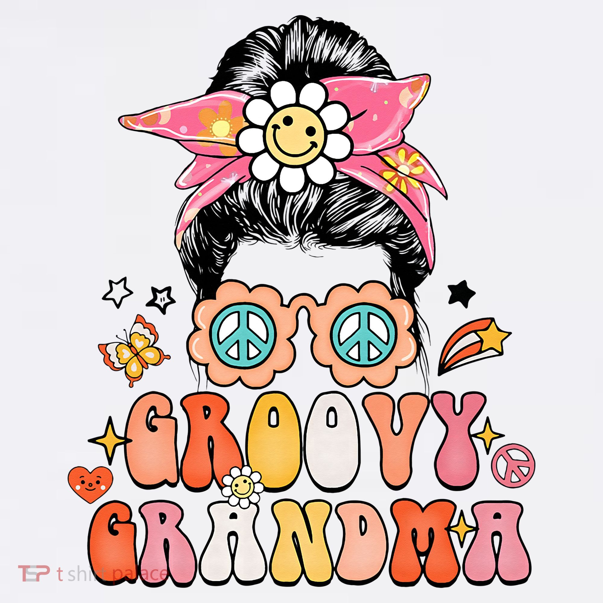 Retro Groovy Grandma Messy Bun  Hippie Family Matching T-Shirt