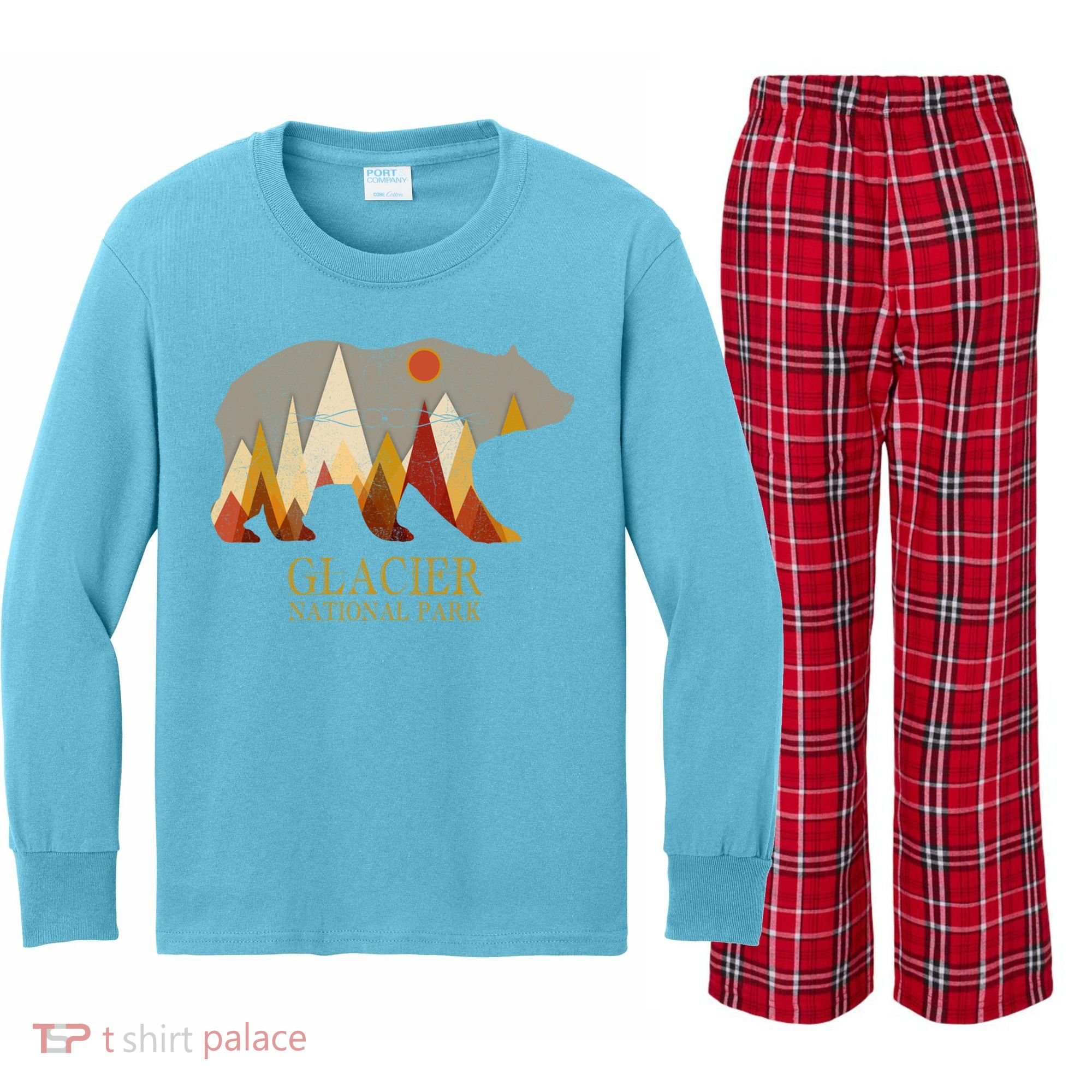 Retro Glacier Grizzly Bear Gift National Park Gift Kids Long Sleeve Plaid Pajama Set