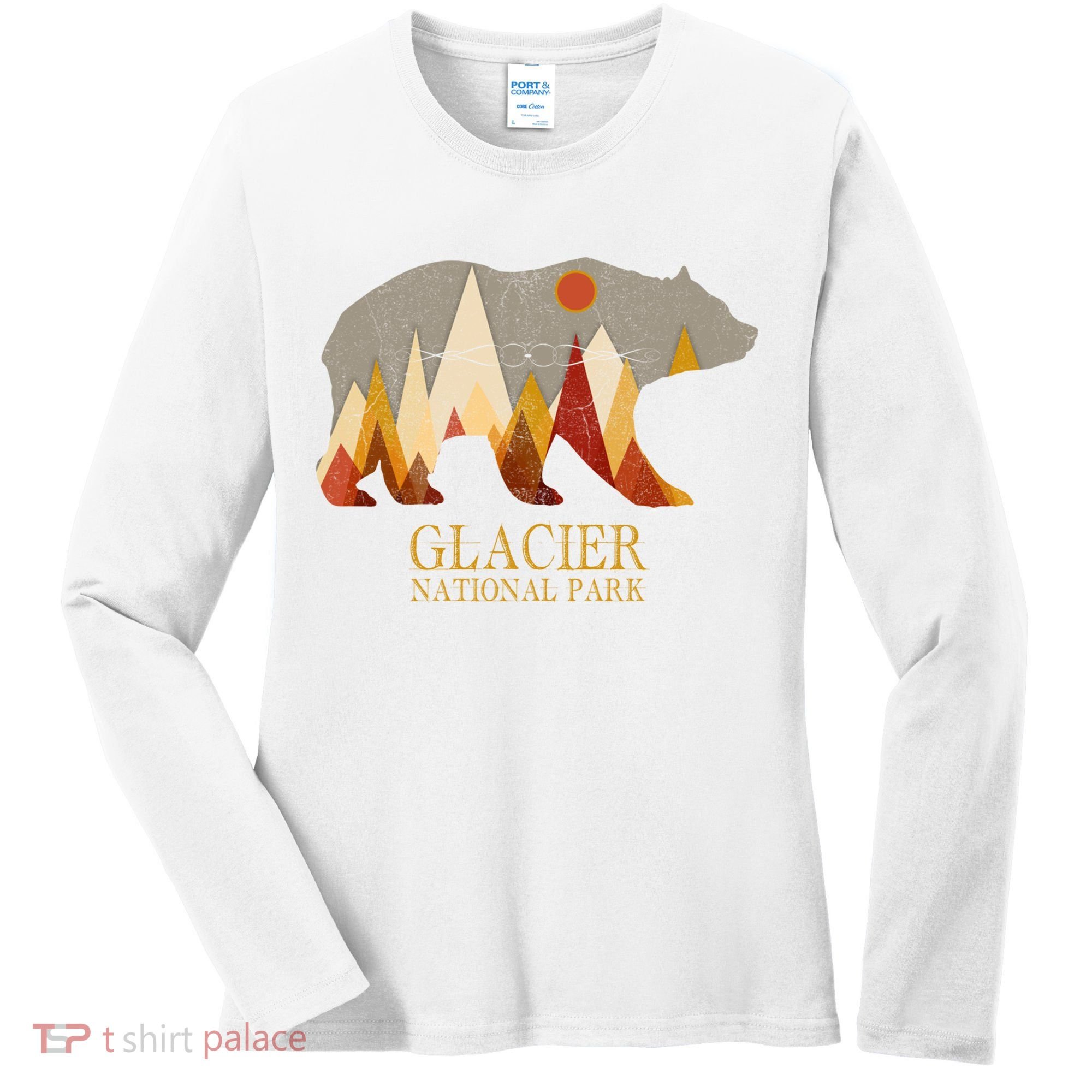 Retro Glacier Grizzly Bear Gift National Park Gift Women's Long Sleeve Shirt