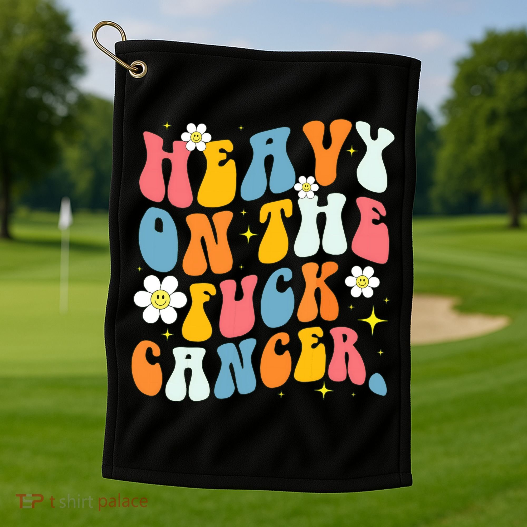 Retro Groovy Heavy On The Fuck Cancer Distressed Awareness Golf Towel