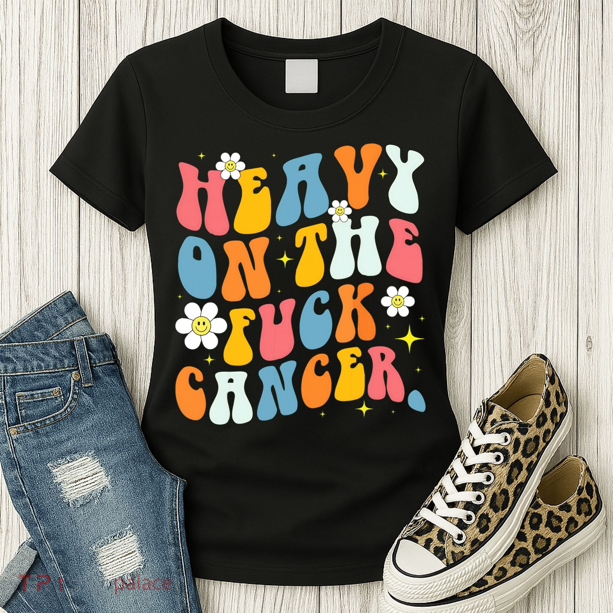 Retro Groovy Heavy On The Fuck Cancer Distressed Awareness Women's T-Shirt