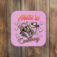 Retro Groovy Howdy Valentines Cowboy Hat Pucker Up! Coaster thumb 0