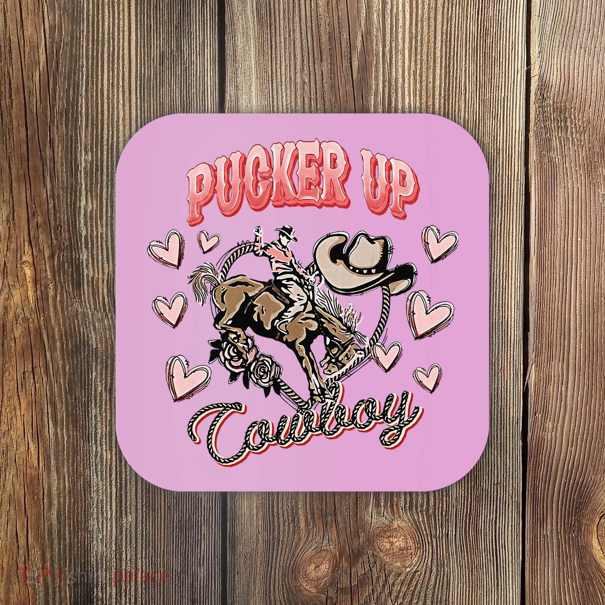 Retro Groovy Howdy Valentines Cowboy Hat Pucker Up! Coaster