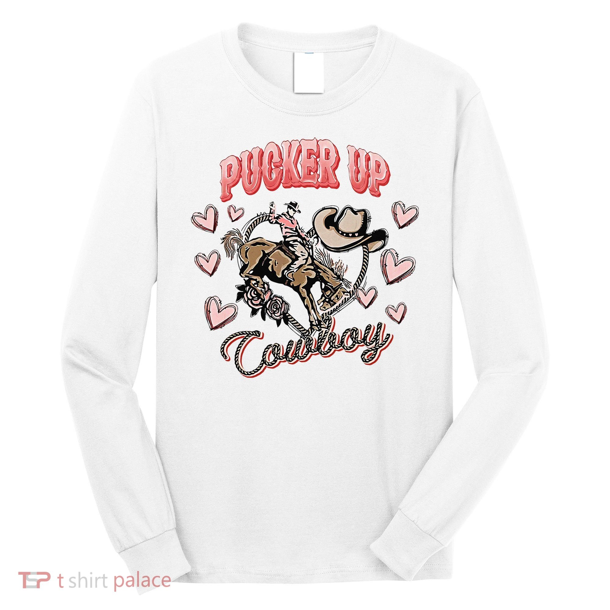 Retro Groovy Howdy Valentines Cowboy Hat Pucker Up! Long Sleeve Shirt