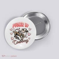 Retro Groovy Howdy Valentines Cowboy Hat Pucker Up! Button thumb 0