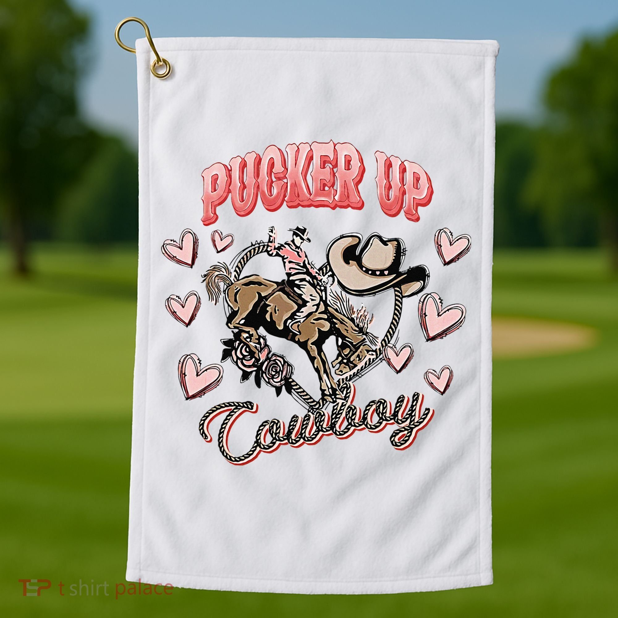 Retro Groovy Howdy Valentines Cowboy Hat Pucker Up! Golf Towel