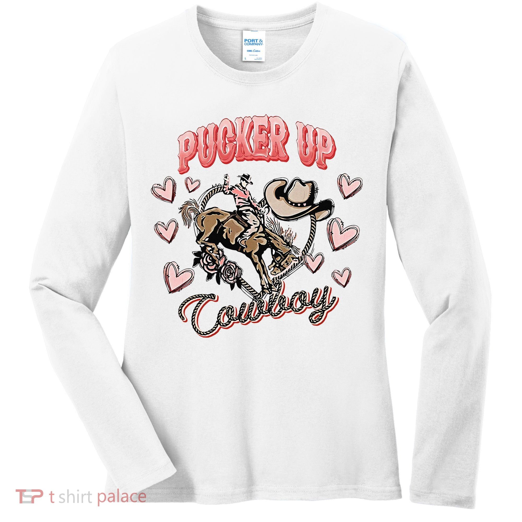 Retro Groovy Howdy Valentines Cowboy Hat Pucker Up! Women's Long Sleeve Shirt