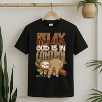 Relax God Is In Control Christian Bible Quote Sloth T-Shirt thumb 2