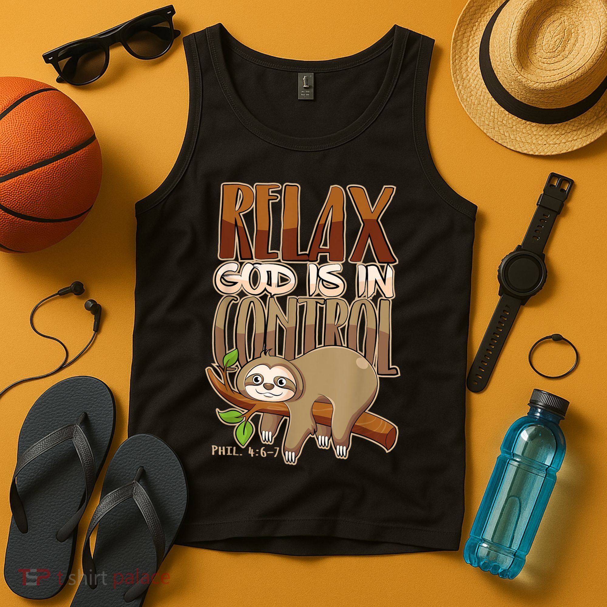 Relax God Is In Control Christian Bible Quote Sloth Tank Top