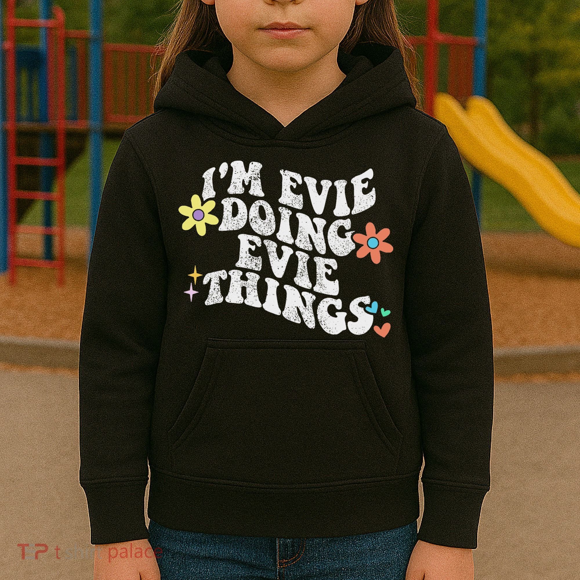 Retro Groovy Im Evie Doing Evie Things Funny Mother's Day Kids Hoodie