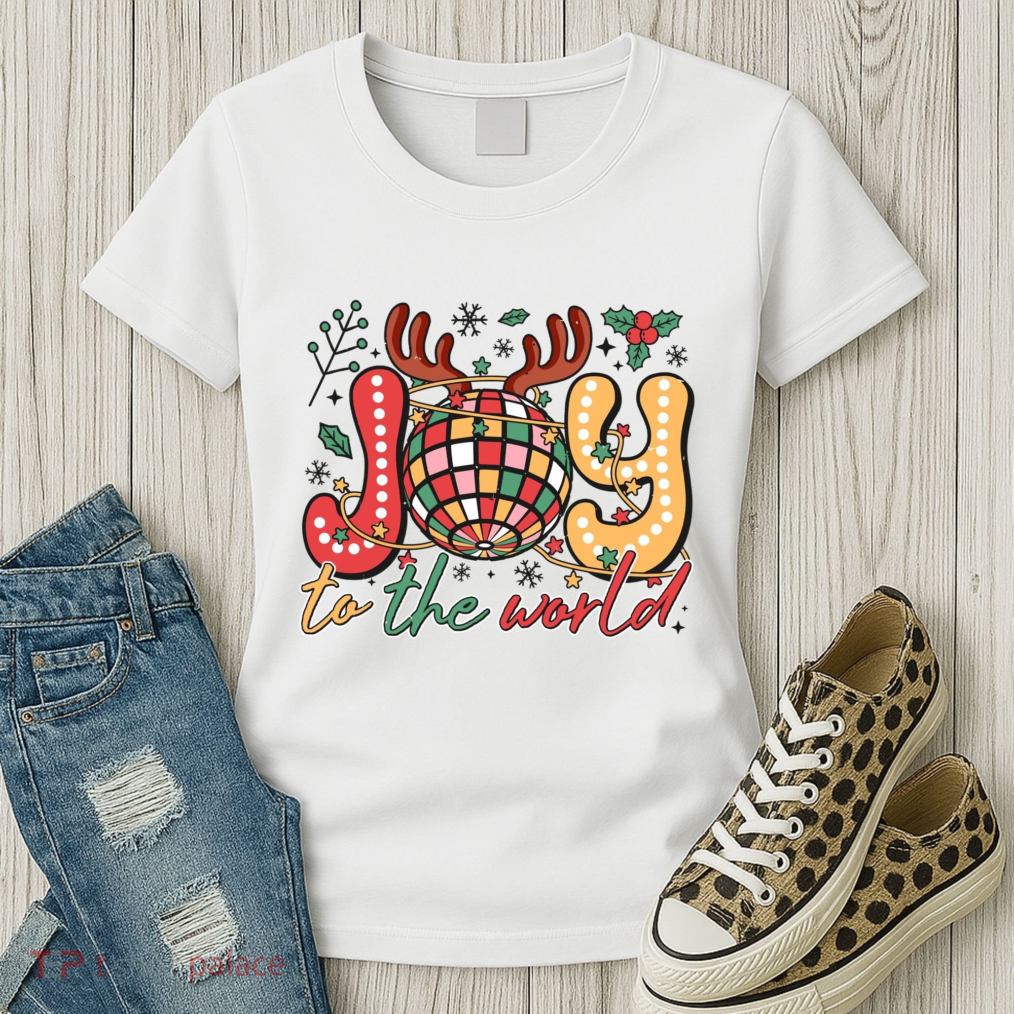 Retro Groovy Joy To The World Disco Ball Doodle Dots Women's T-Shirt