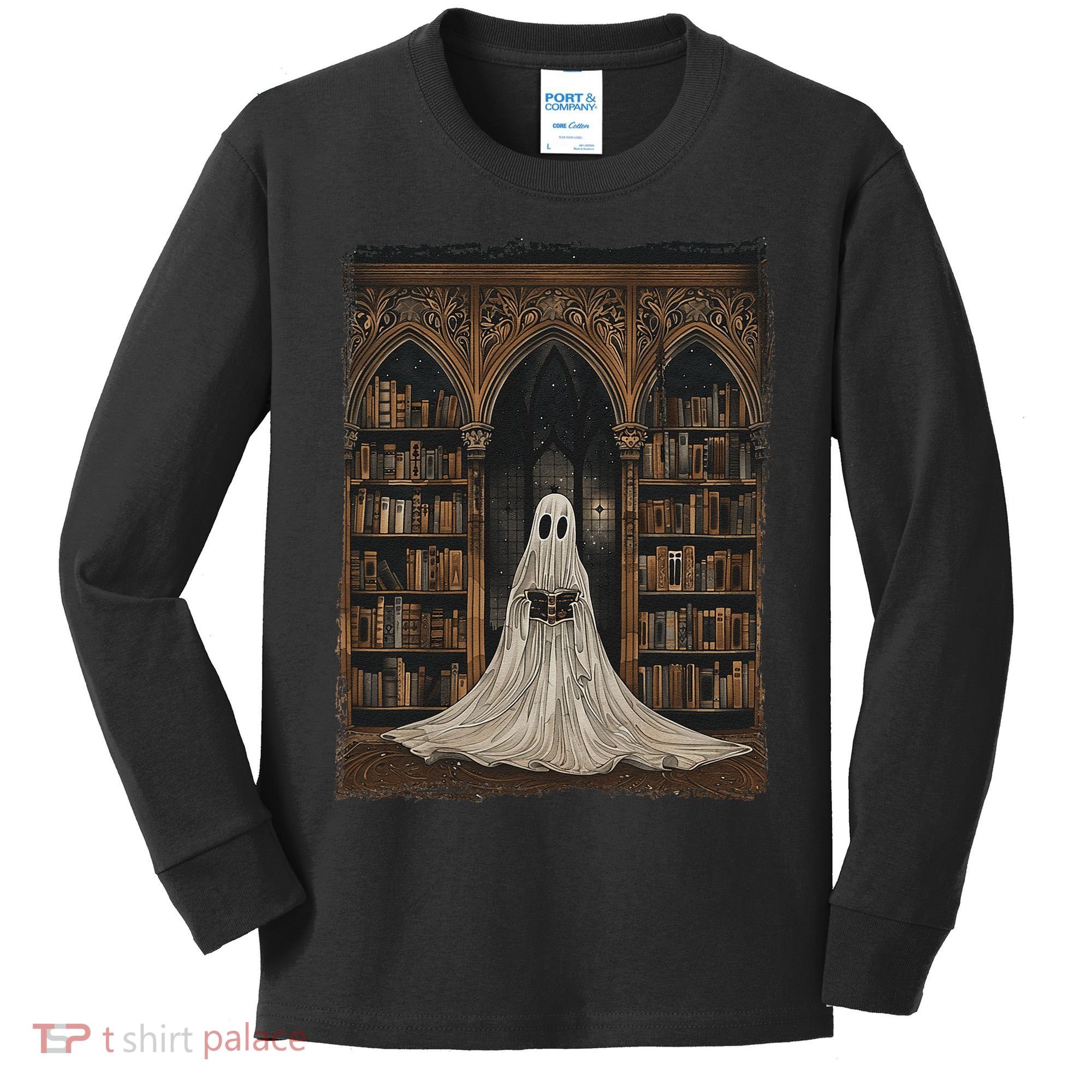 Reading Ghost Library Halloween Librarian Book Lovers Kids Long Sleeve Shirt