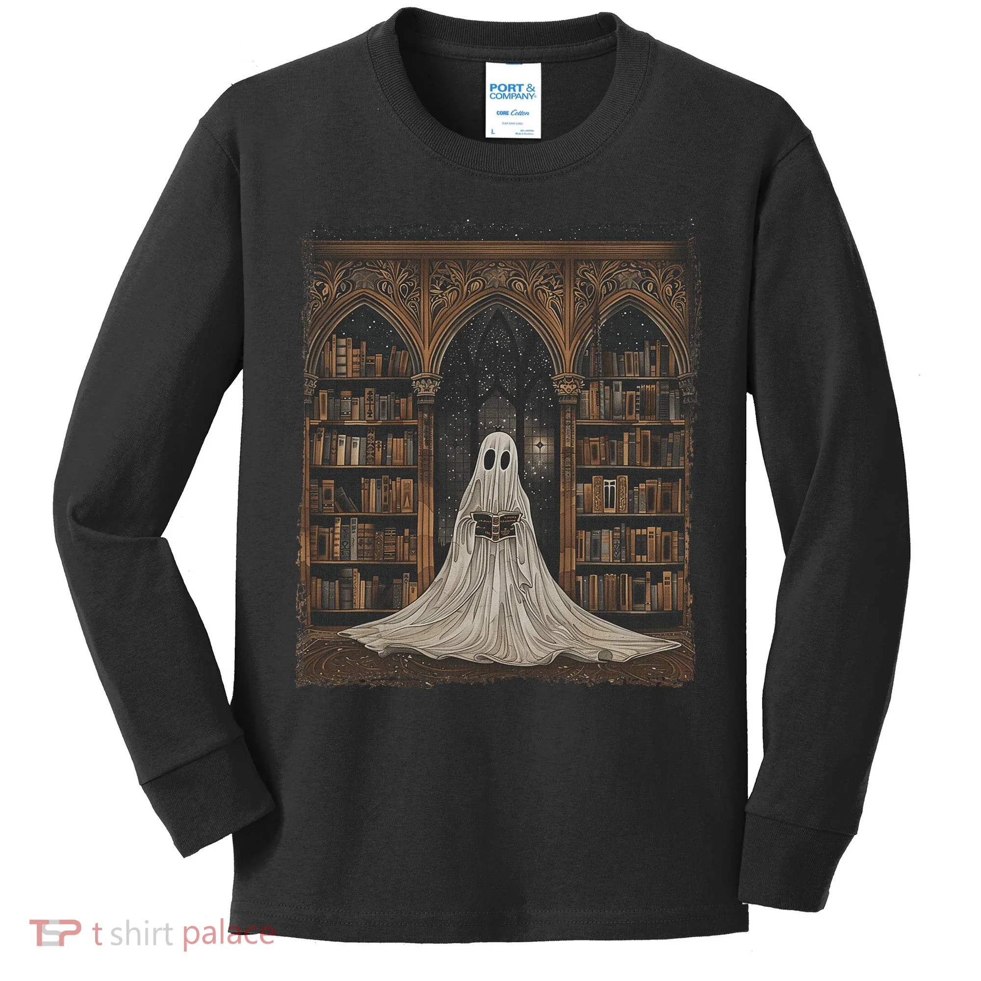 Reading Ghost Library Halloween Librarian Book Lovers Kids Long Sleeve Shirt