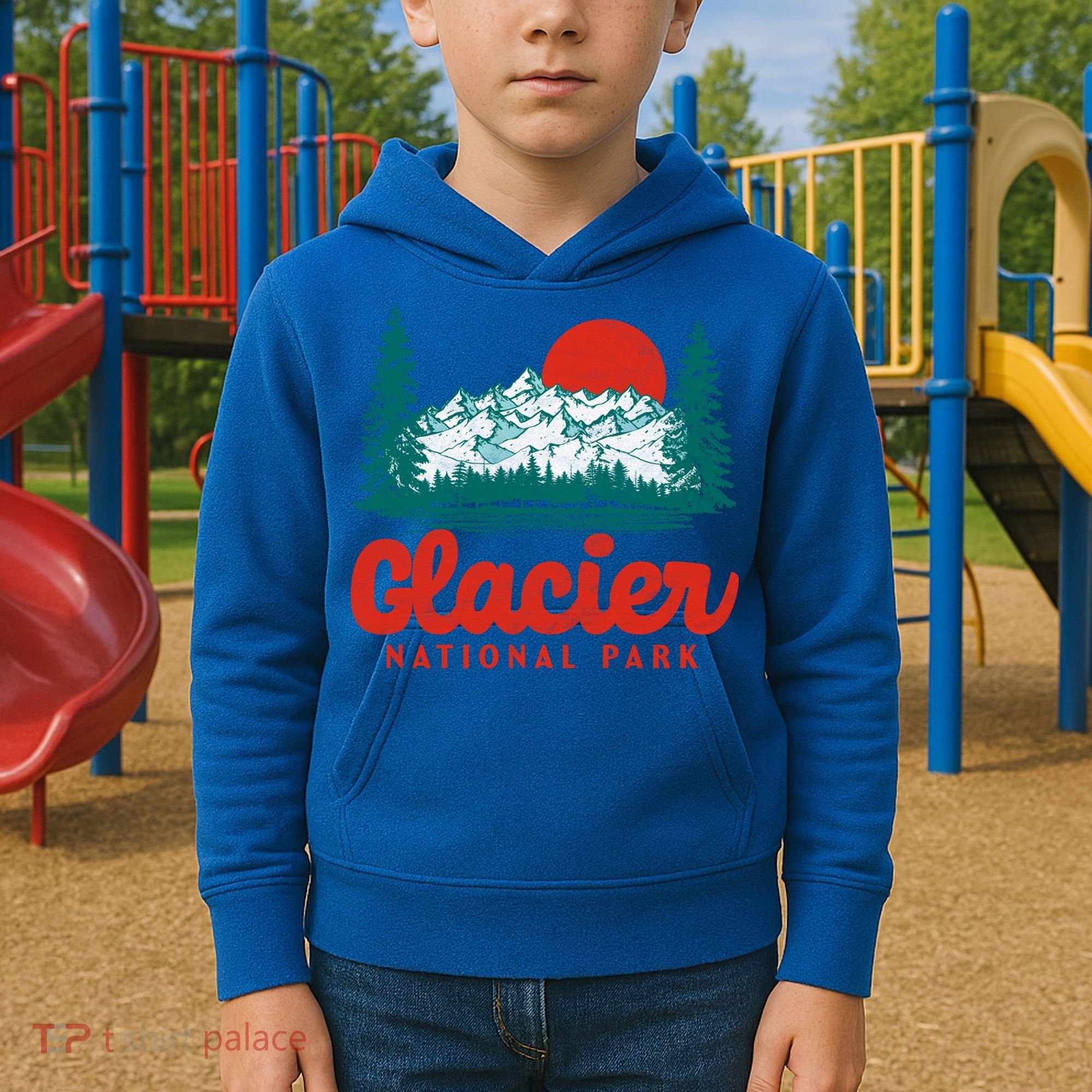 Retro Glacier National Park 80S Mountain Graphic Gift Kids Hoodie