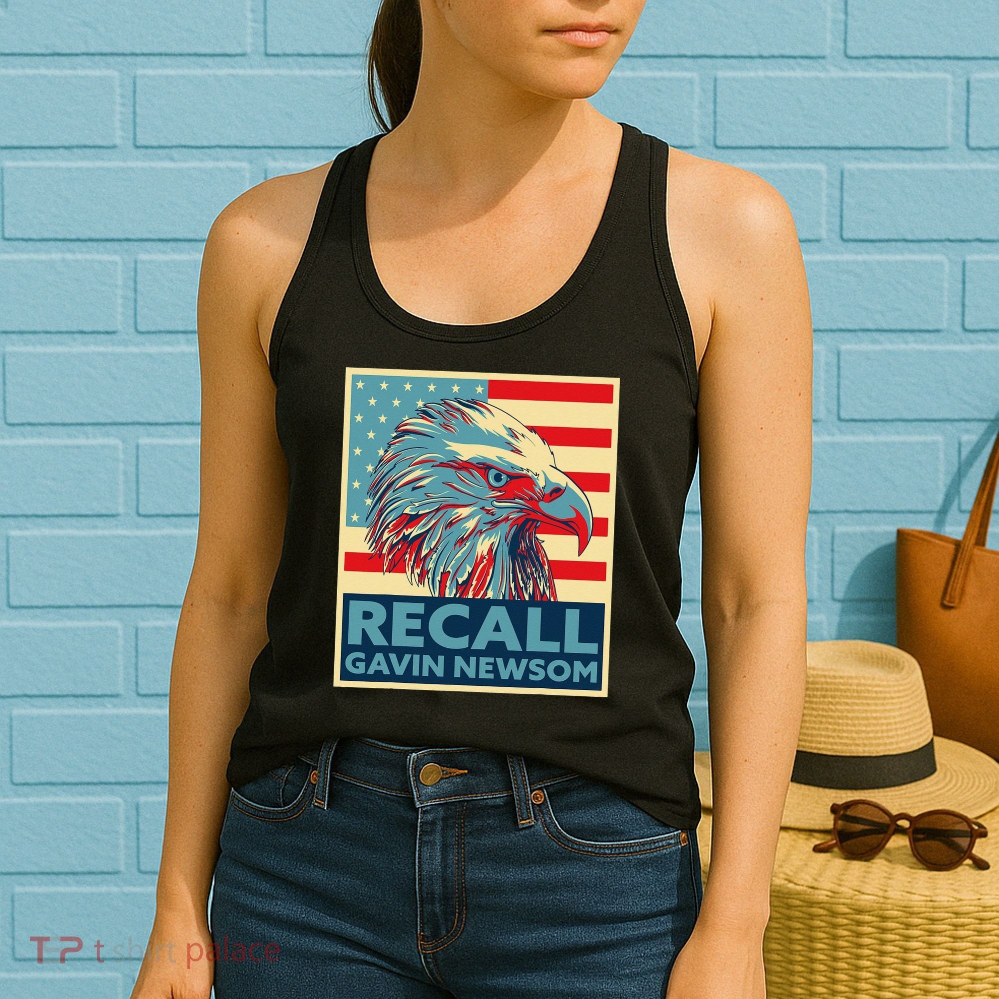 Recall Gavin Newsom 4th of July US American Flag Eagle Women's Tank Top
