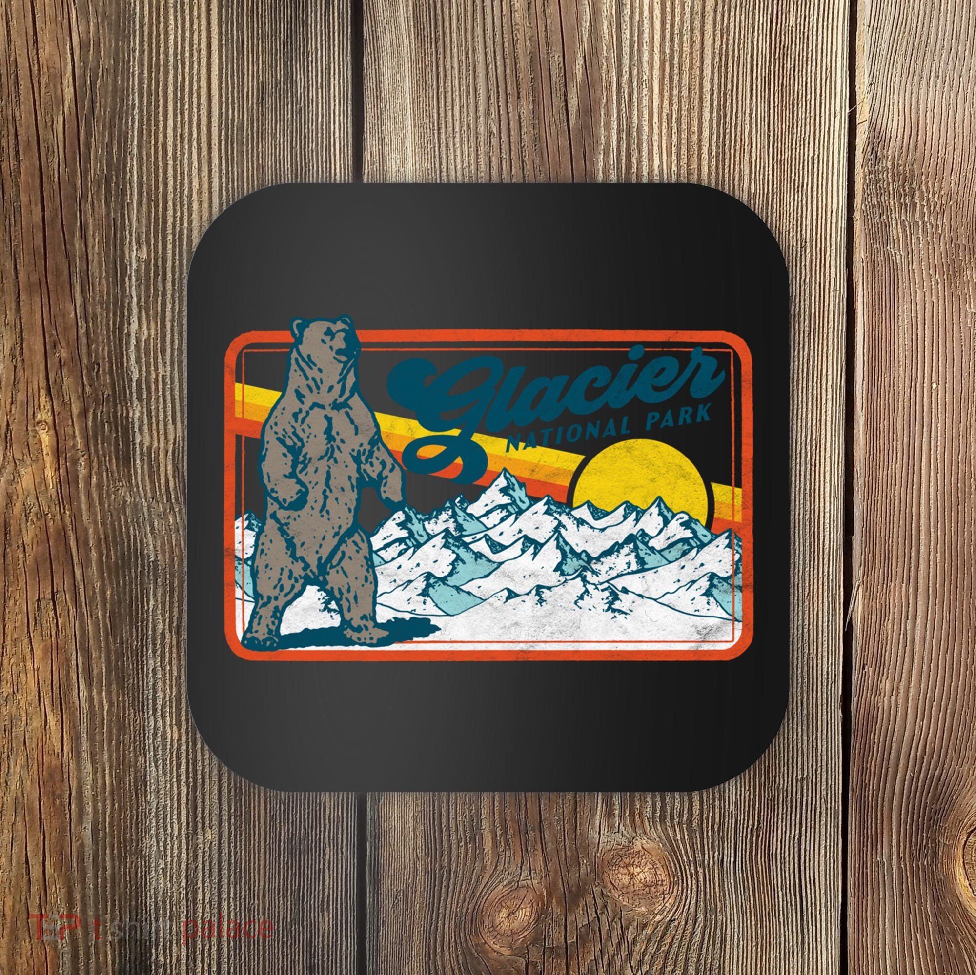 Retro Glacier National Park 80's Bear Graphic 80s Meaningful Gift Coaster