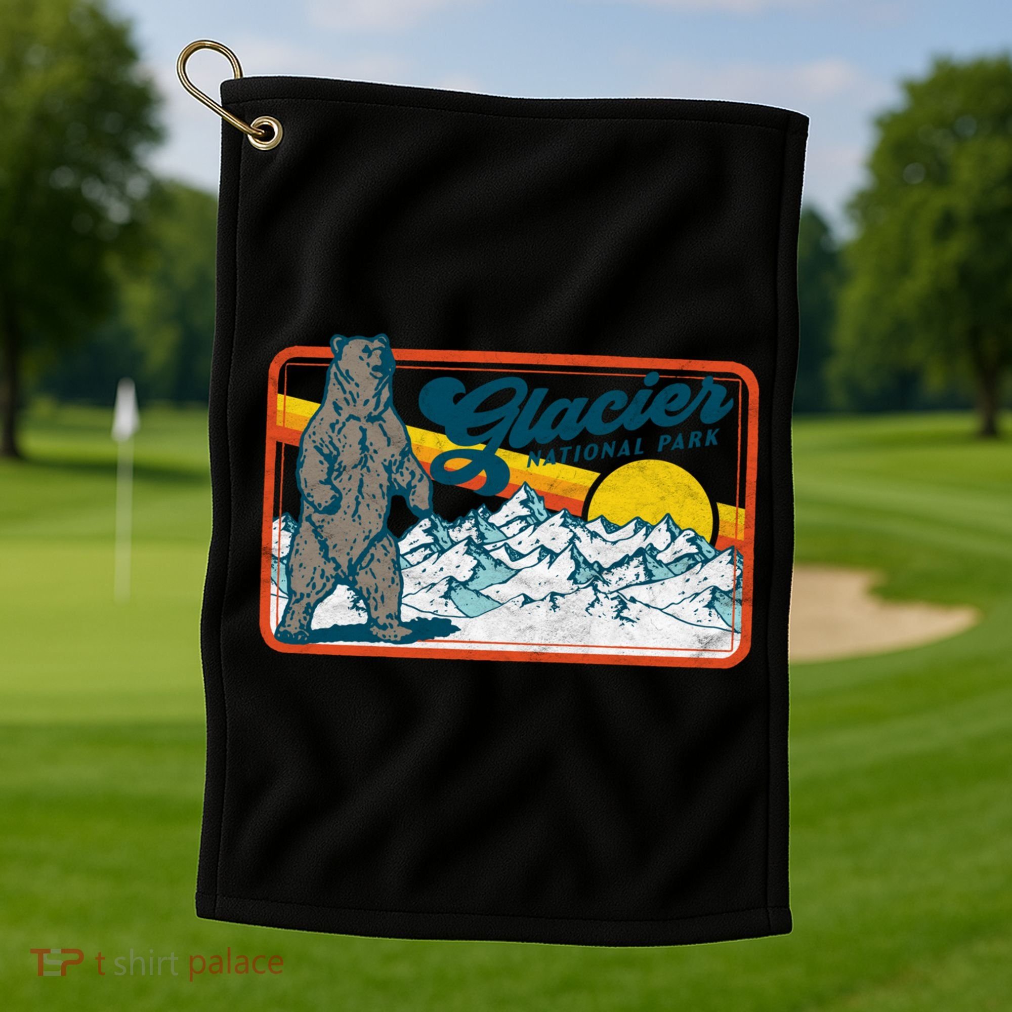 Retro Glacier National Park 80's Bear Graphic 80s Meaningful Gift Golf Towel