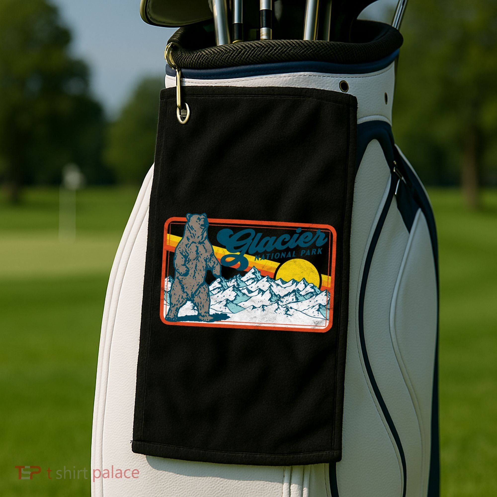 Retro Glacier National Park 80's Bear Graphic 80s Meaningful Gift Golf Towel