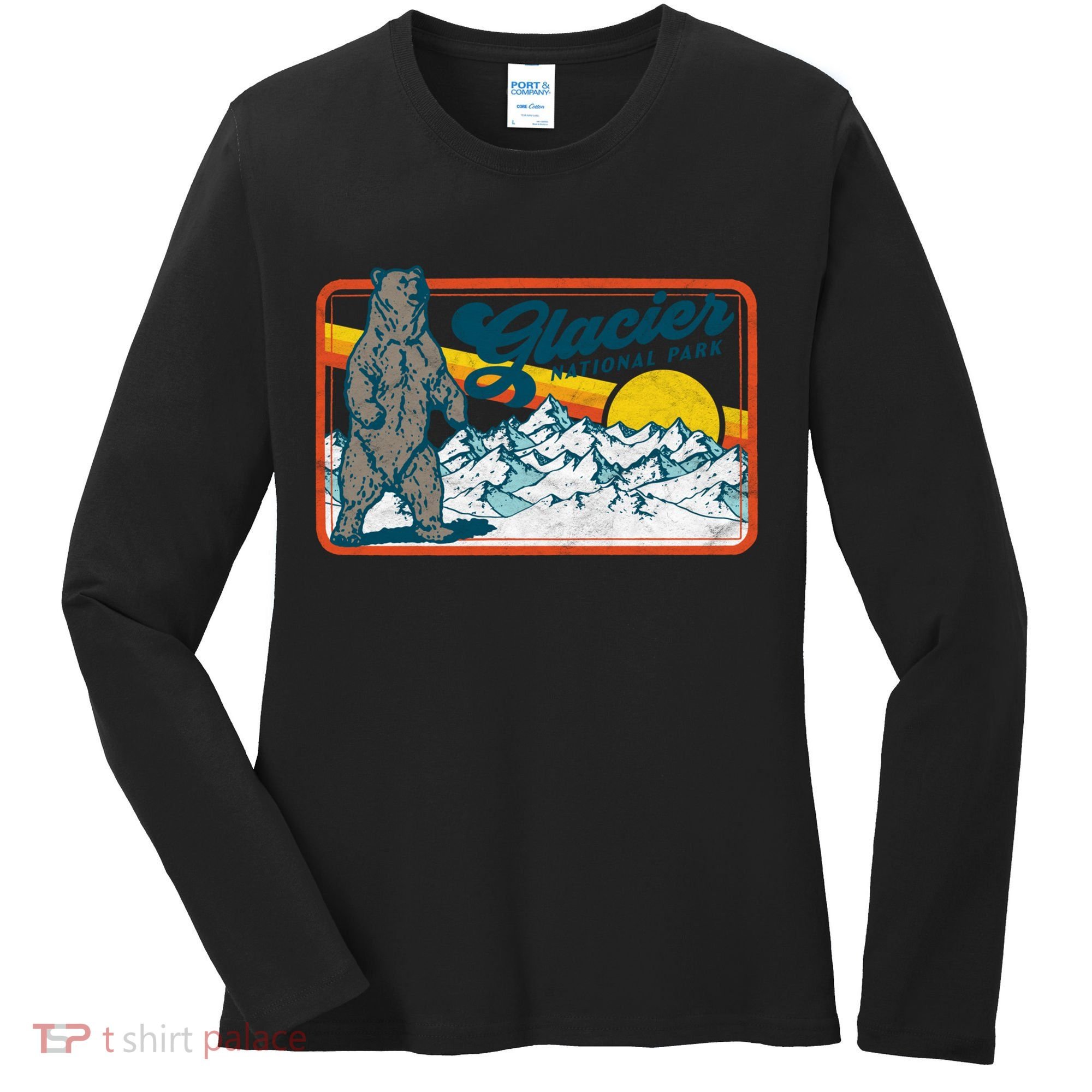 Retro Glacier National Park 80's Bear Graphic 80s Meaningful Gift Women's Long Sleeve Shirt