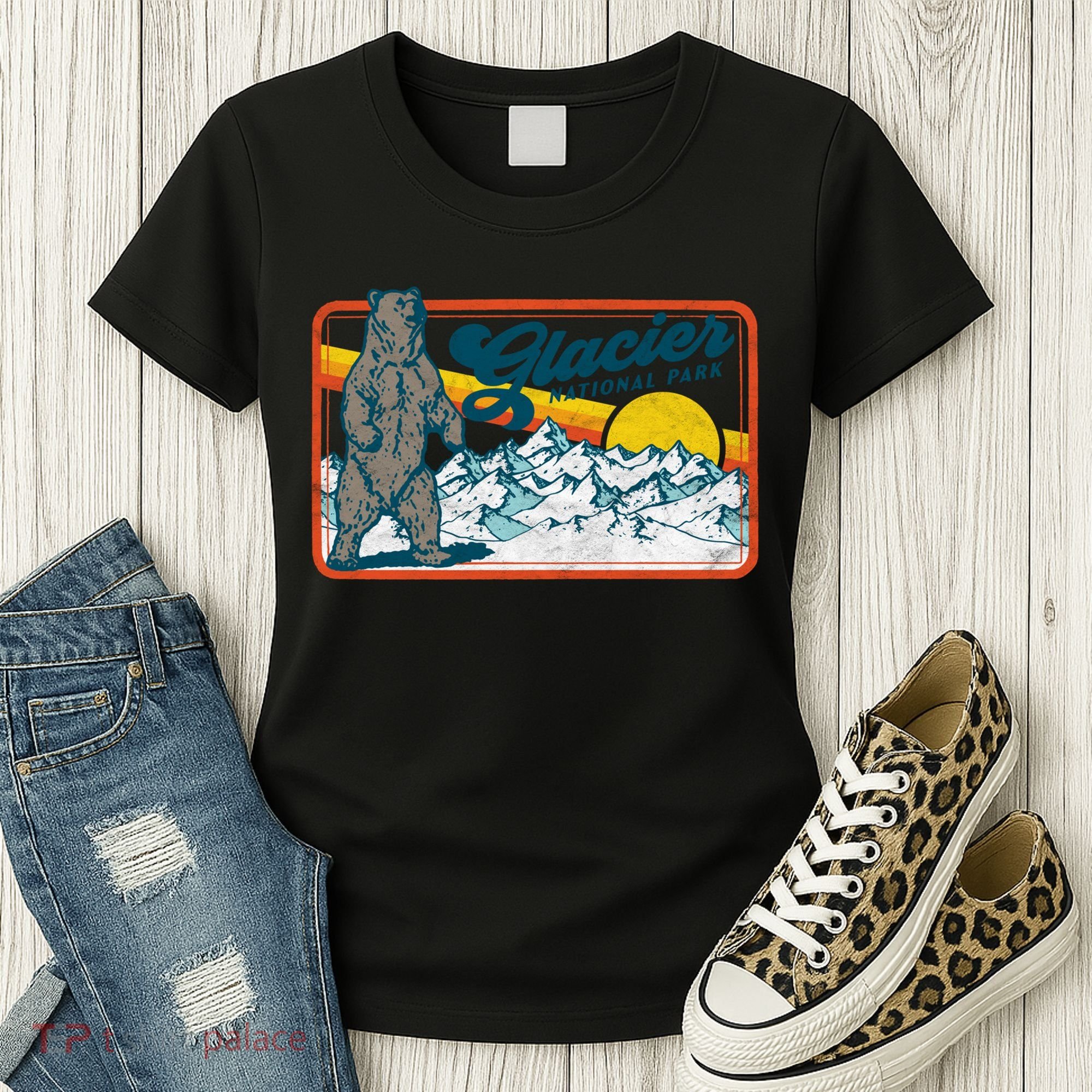 Retro Glacier National Park 80's Bear Graphic 80s Meaningful Gift Women's T-Shirt