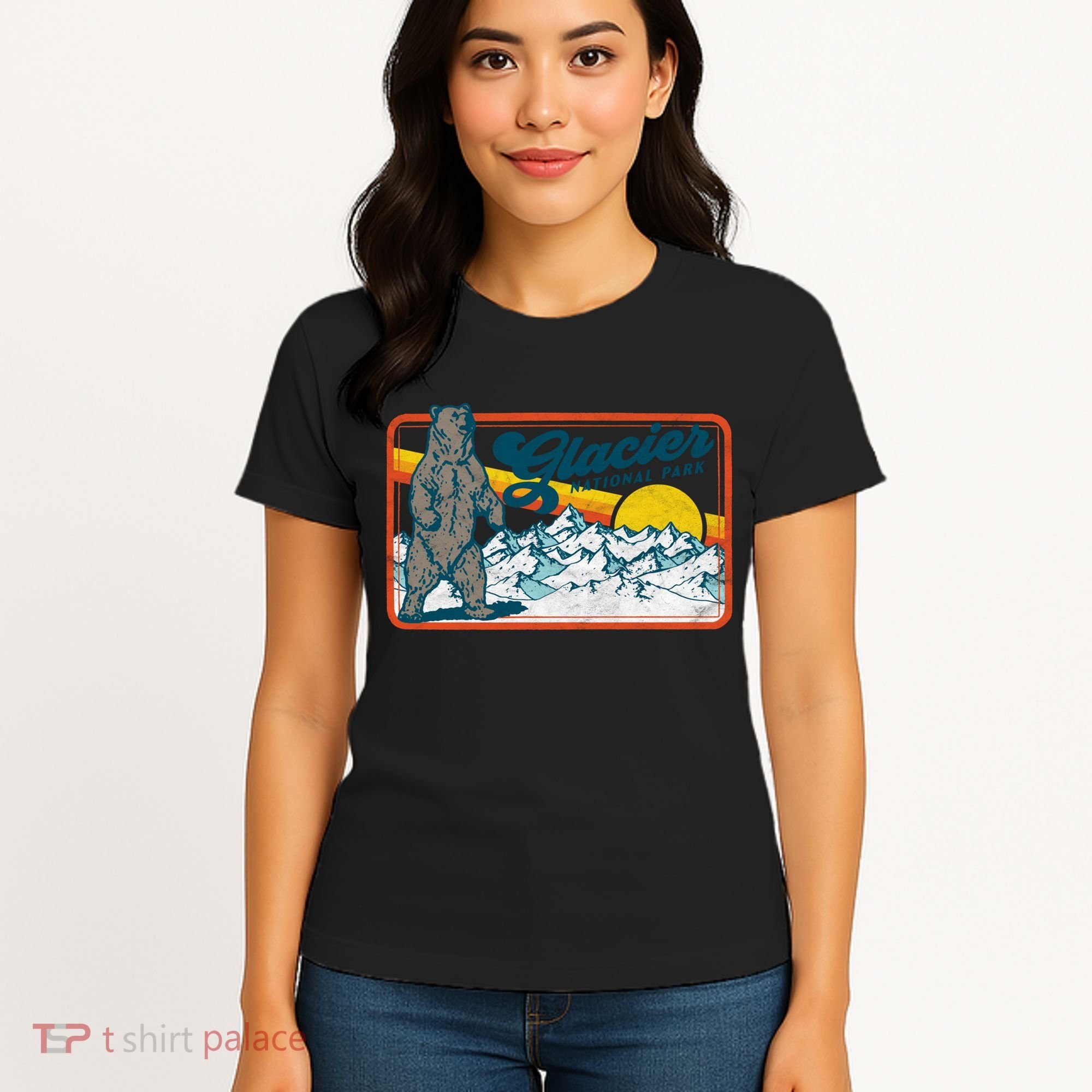 Retro Glacier National Park 80's Bear Graphic 80s Meaningful Gift Women's T-Shirt