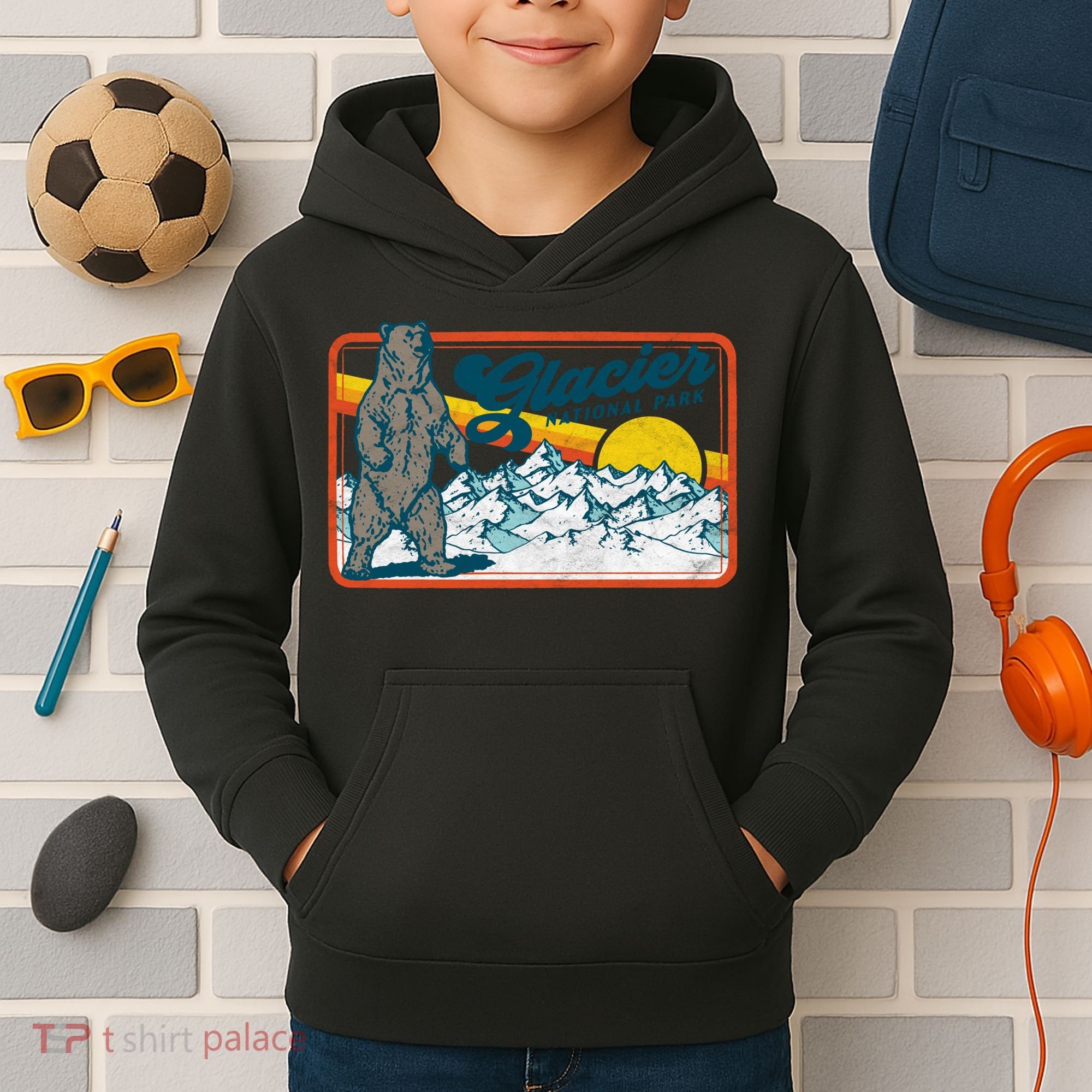 Retro Glacier National Park 80's Bear Graphic 80s Meaningful Gift Kids Hoodie