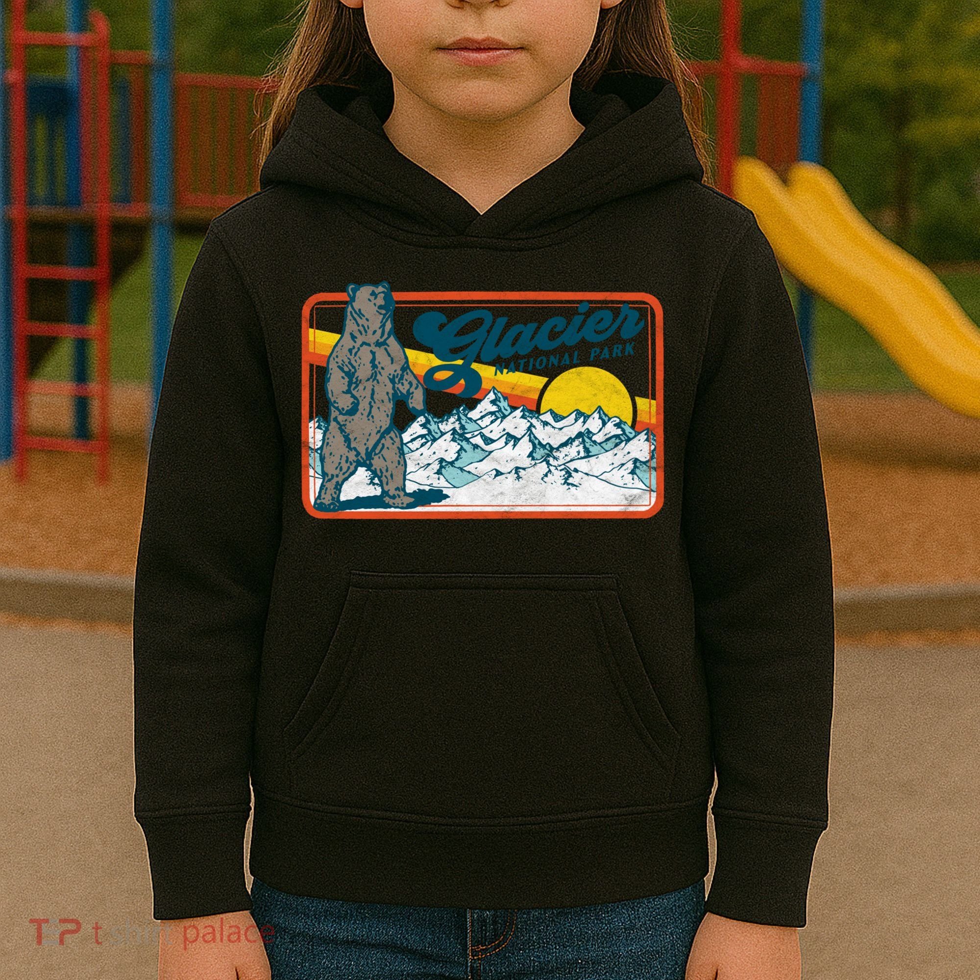 Retro Glacier National Park 80's Bear Graphic 80s Meaningful Gift Kids Hoodie