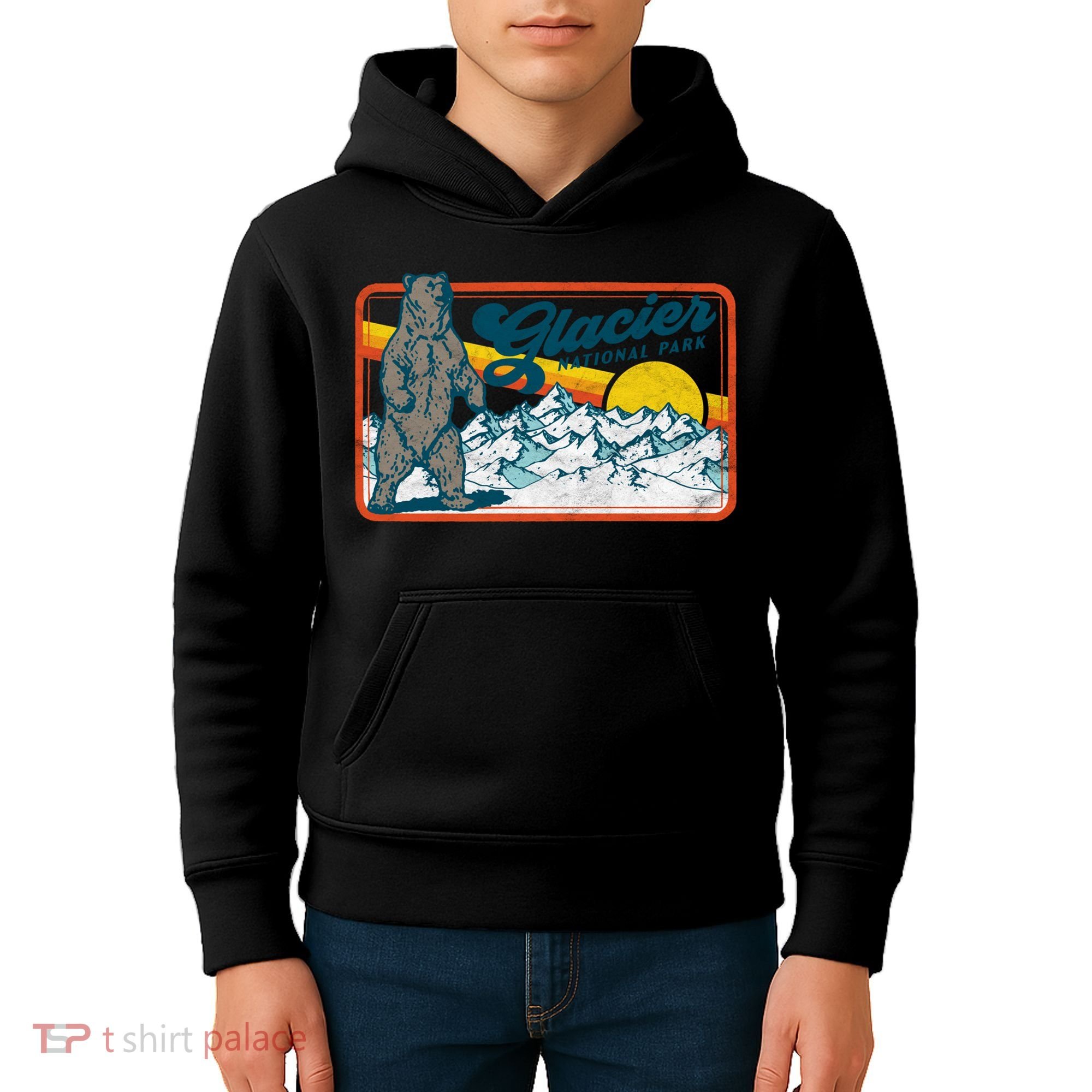 Retro Glacier National Park 80's Bear Graphic 80s Meaningful Gift Kids Hoodie