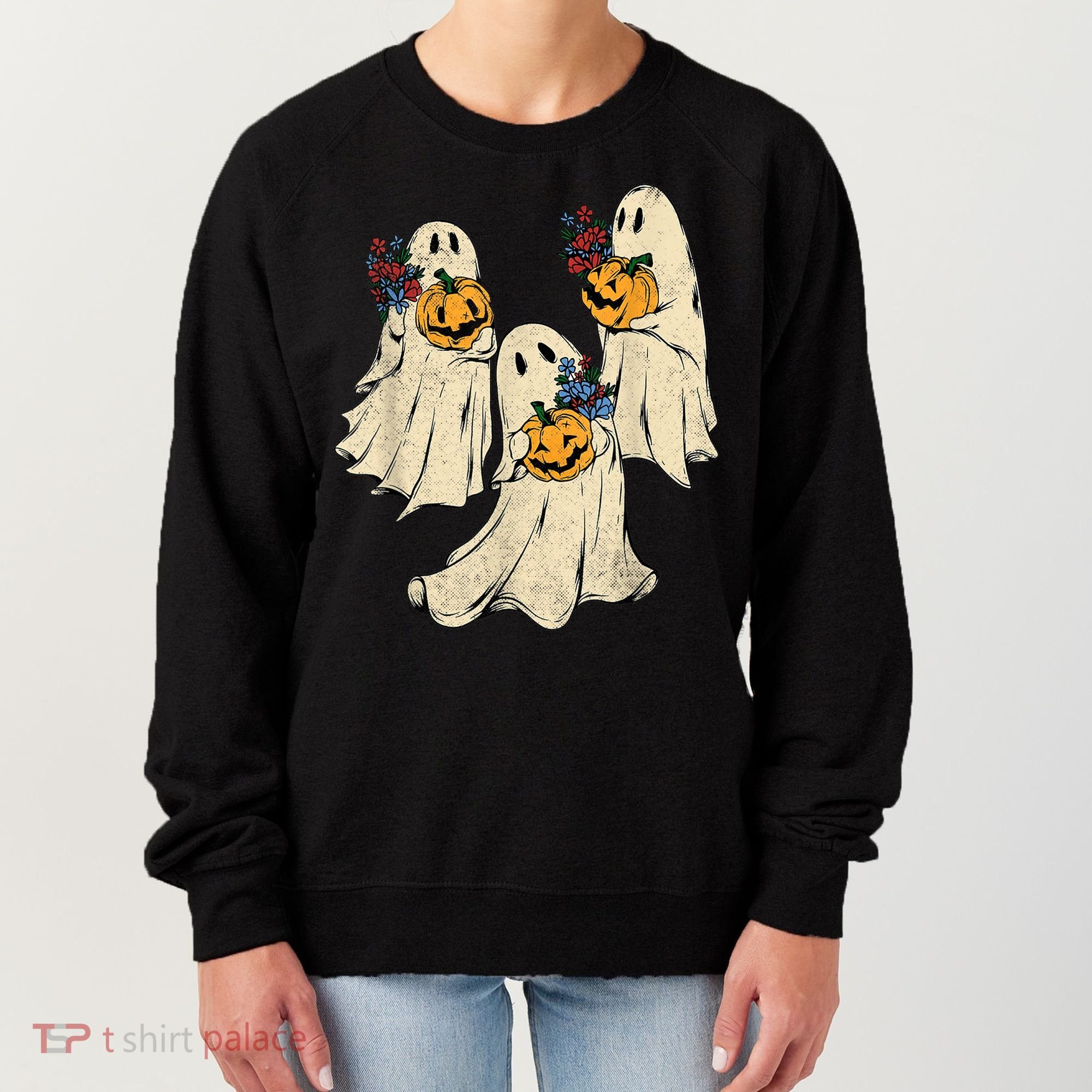 Retro Groovy Pumpkin Ghost Costume Halloween Floral Ghosts Women's Sweatshirt