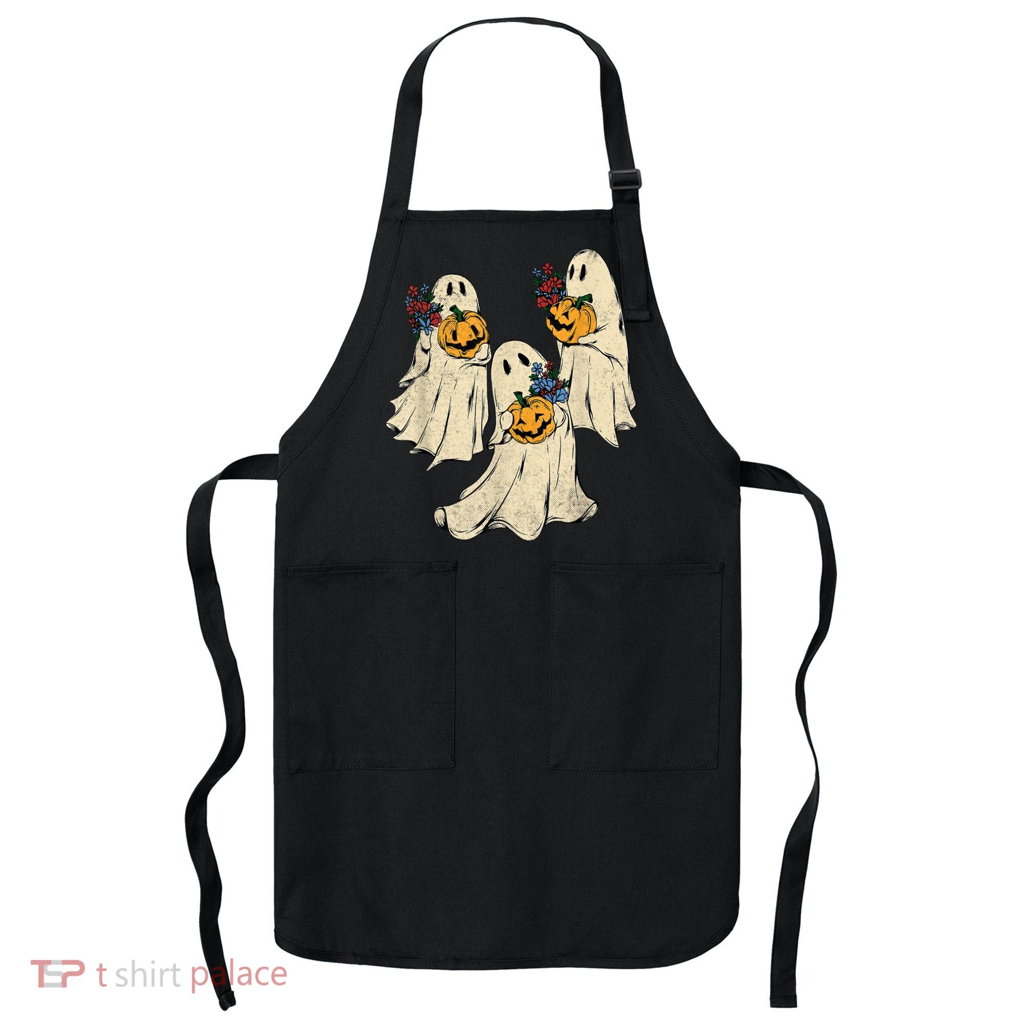 Retro Groovy Pumpkin Ghost Costume Halloween Floral Ghosts Apron