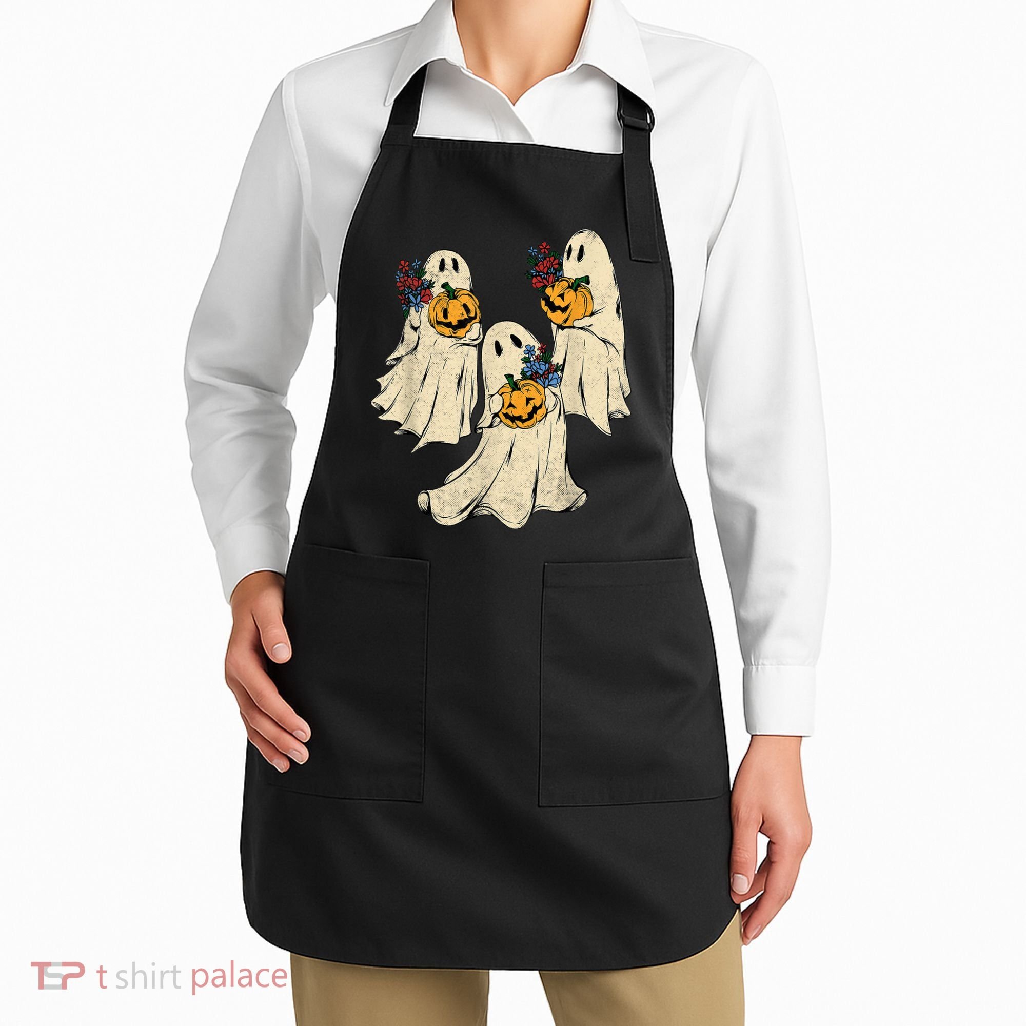 Retro Groovy Pumpkin Ghost Costume Halloween Floral Ghosts Apron