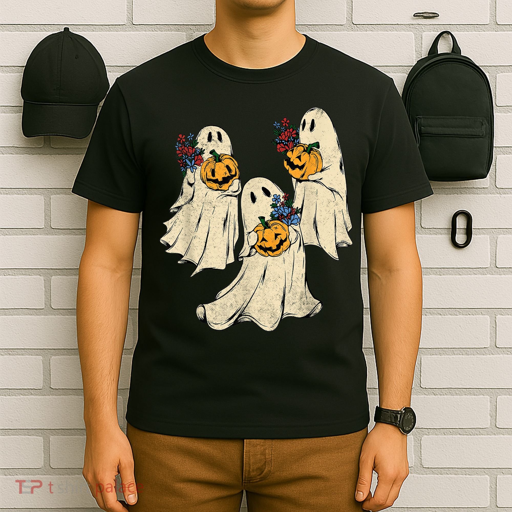 Retro Groovy Pumpkin Ghost Costume Halloween Floral Ghosts T-Shirt
