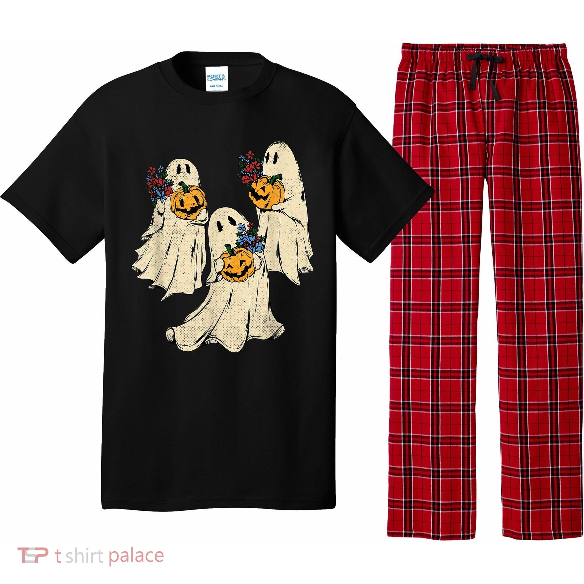 Retro Groovy Pumpkin Ghost Costume Halloween Floral Ghosts Pajama Set
