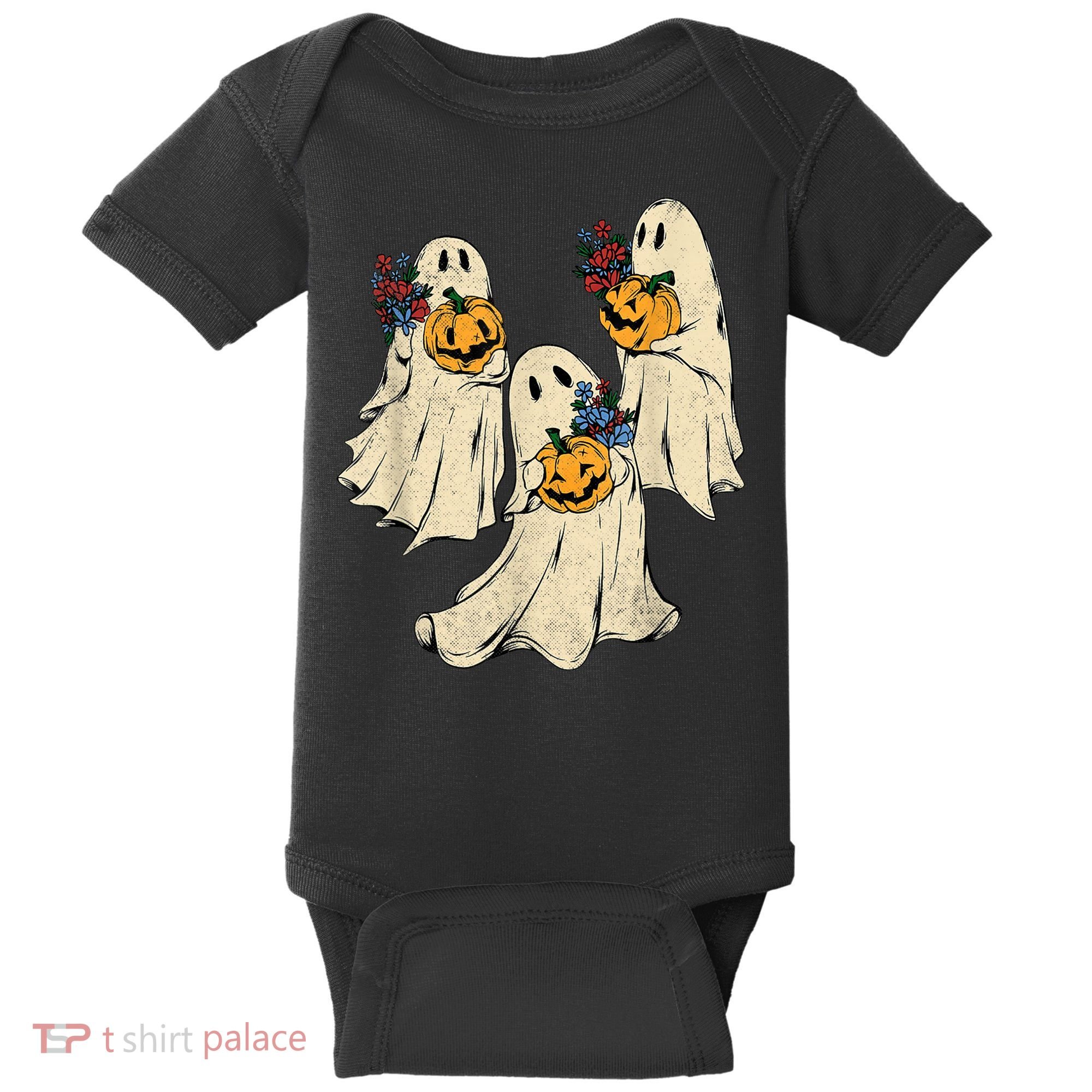 Retro Groovy Pumpkin Ghost Costume Halloween Floral Ghosts Baby Bodysuit