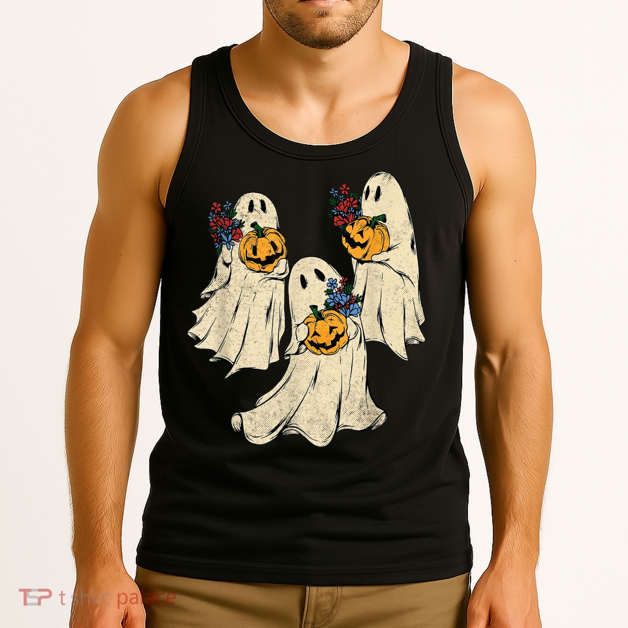 Retro Groovy Pumpkin Ghost Costume Halloween Floral Ghosts Tank Top