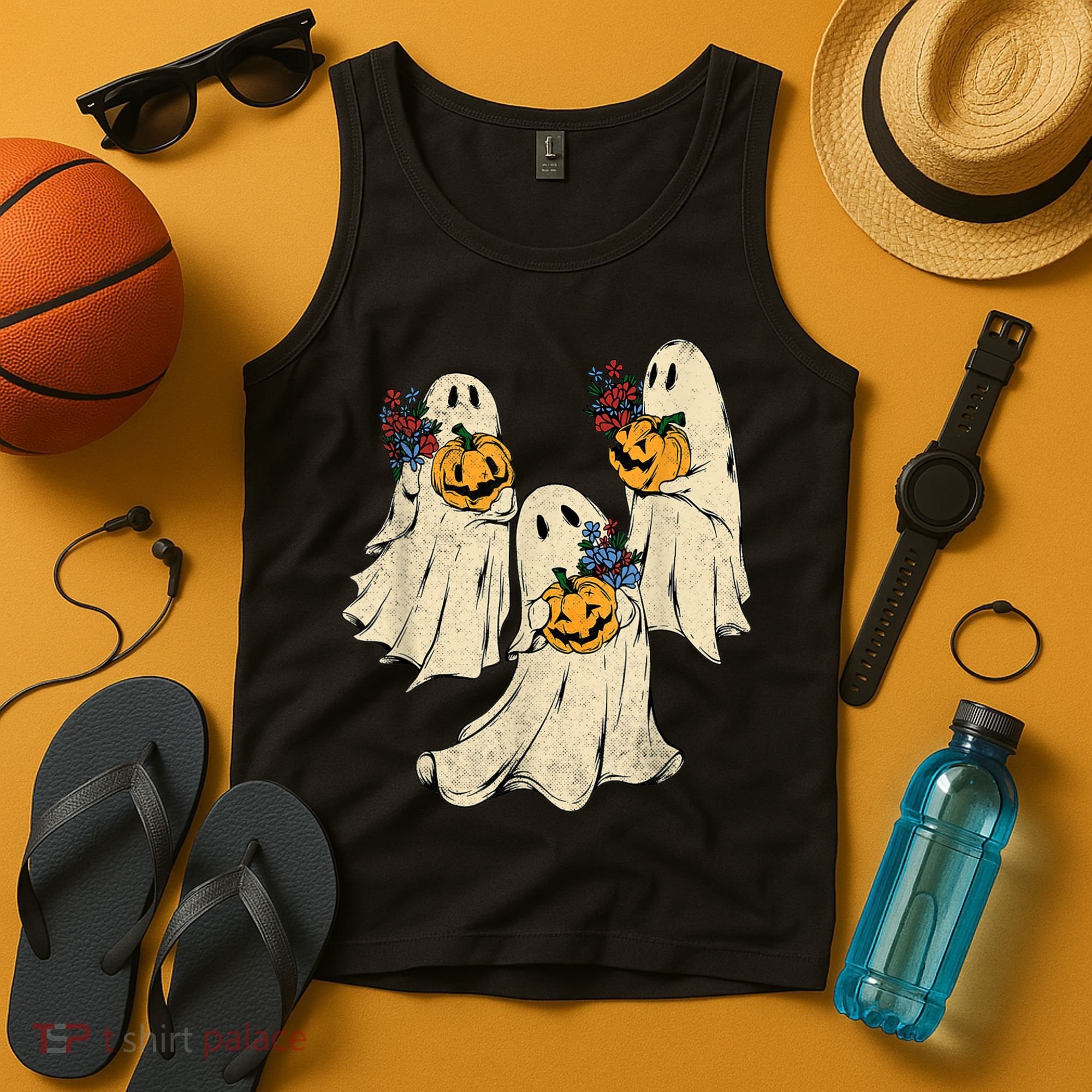 Retro Groovy Pumpkin Ghost Costume Halloween Floral Ghosts Tank Top