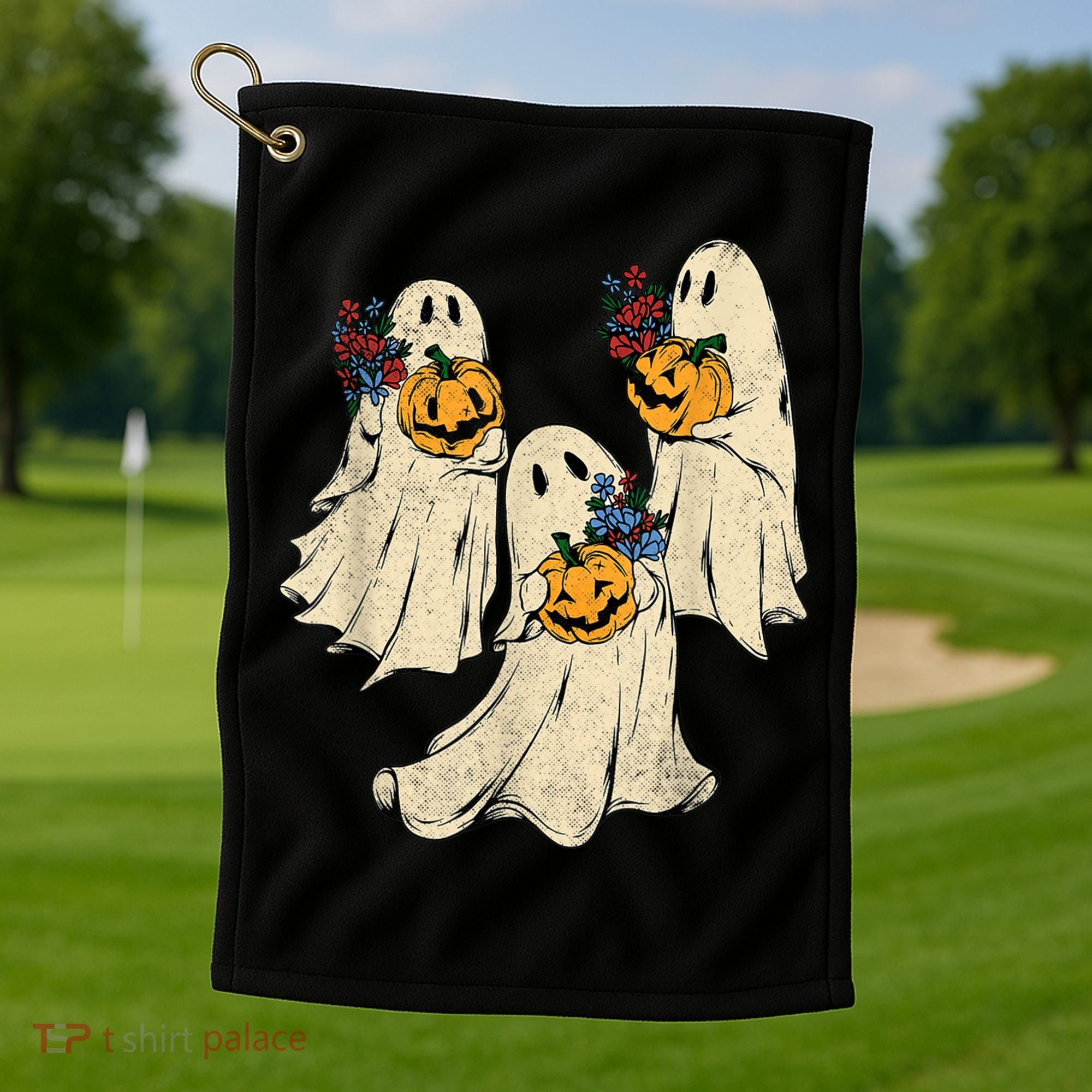 Retro Groovy Pumpkin Ghost Costume Halloween Floral Ghosts Golf Towel