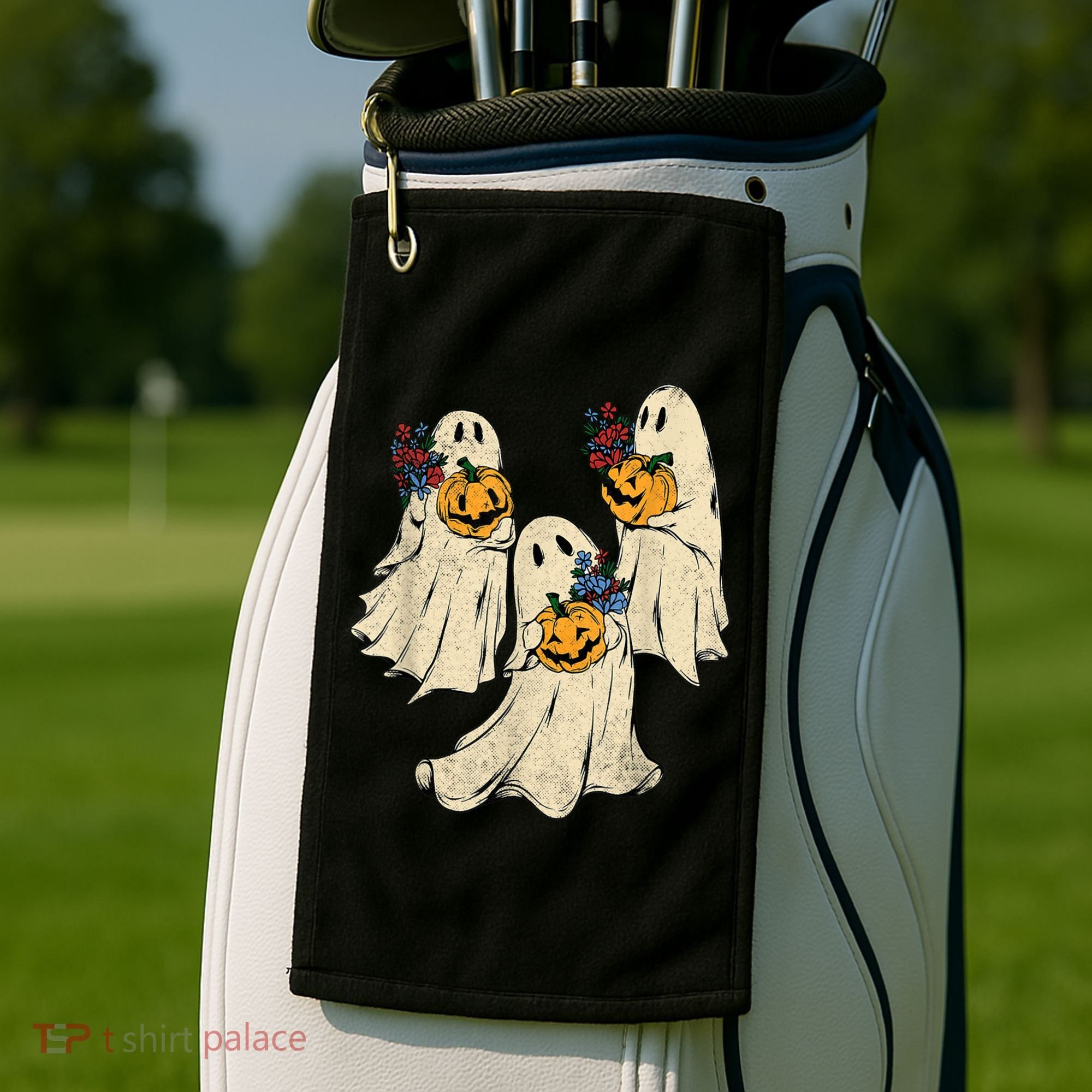 Retro Groovy Pumpkin Ghost Costume Halloween Floral Ghosts Golf Towel