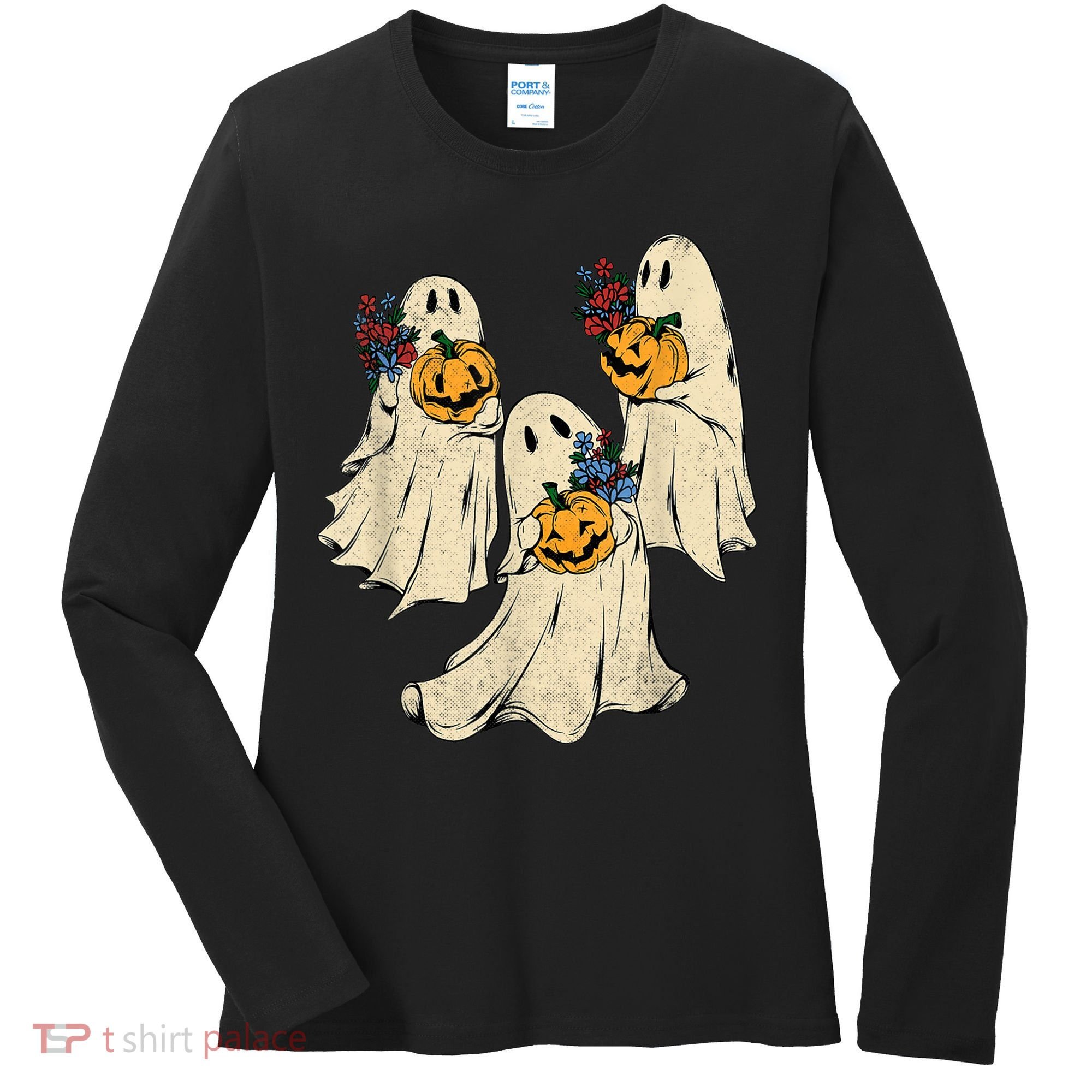 Retro Groovy Pumpkin Ghost Costume Halloween Floral Ghosts Women's Long Sleeve Shirt