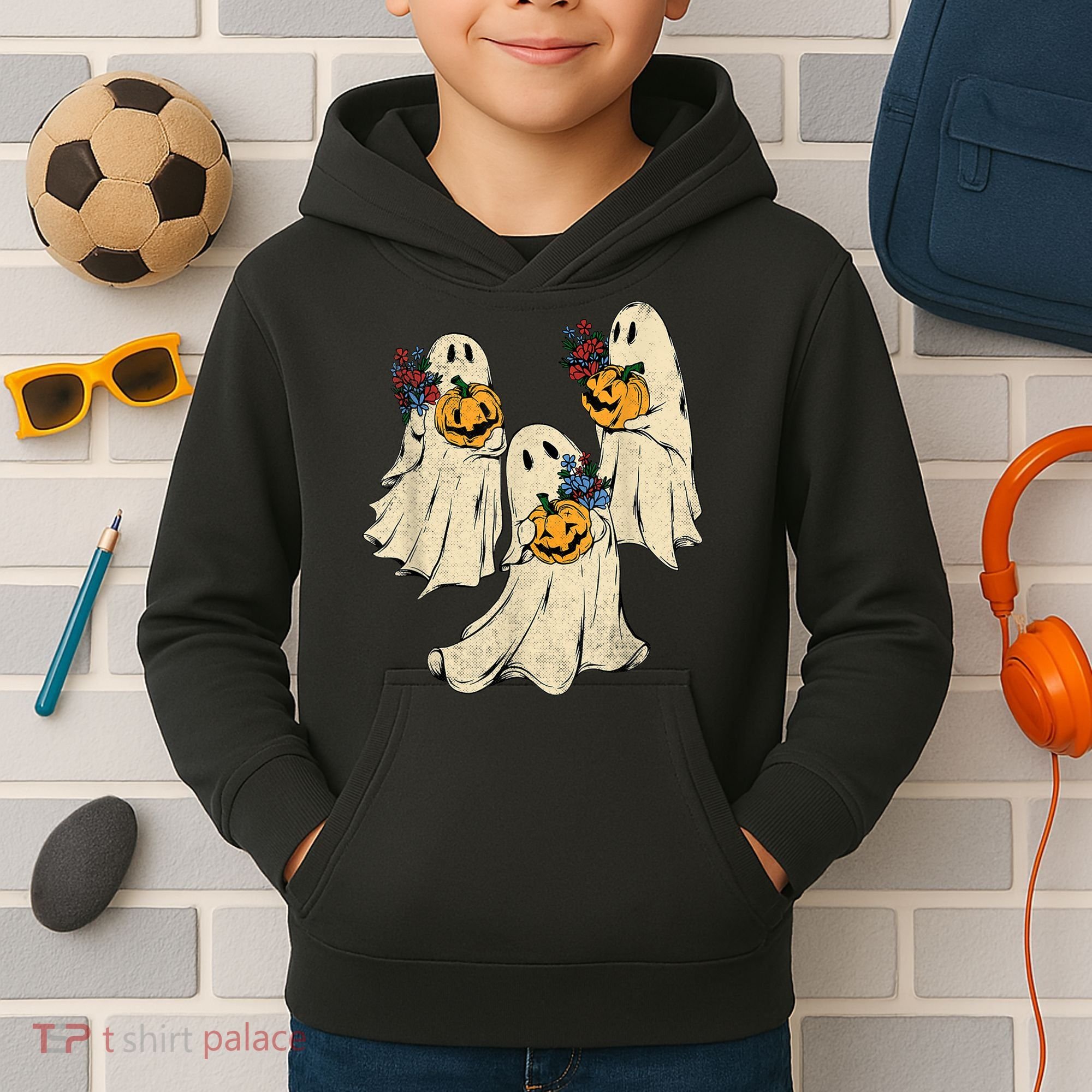 Retro Groovy Pumpkin Ghost Costume Halloween Floral Ghosts Kids Hoodie