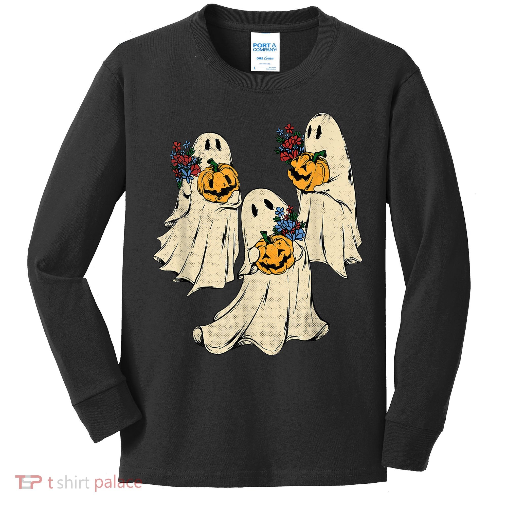 Retro Groovy Pumpkin Ghost Costume Halloween Floral Ghosts Kids Long Sleeve Shirt