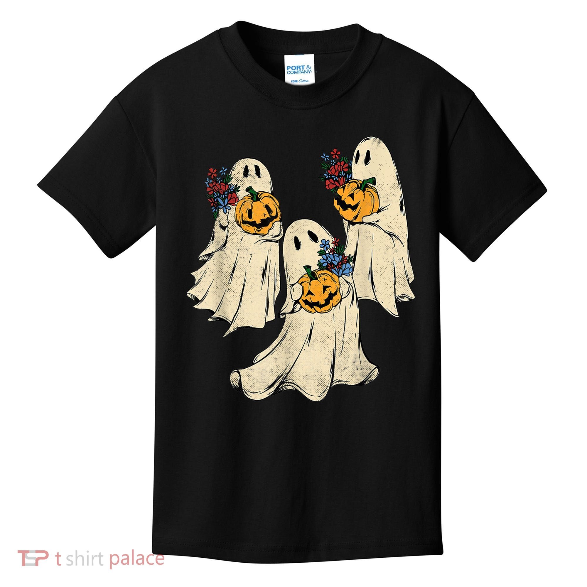 Retro Groovy Pumpkin Ghost Costume Halloween Floral Ghosts Kids T-Shirt