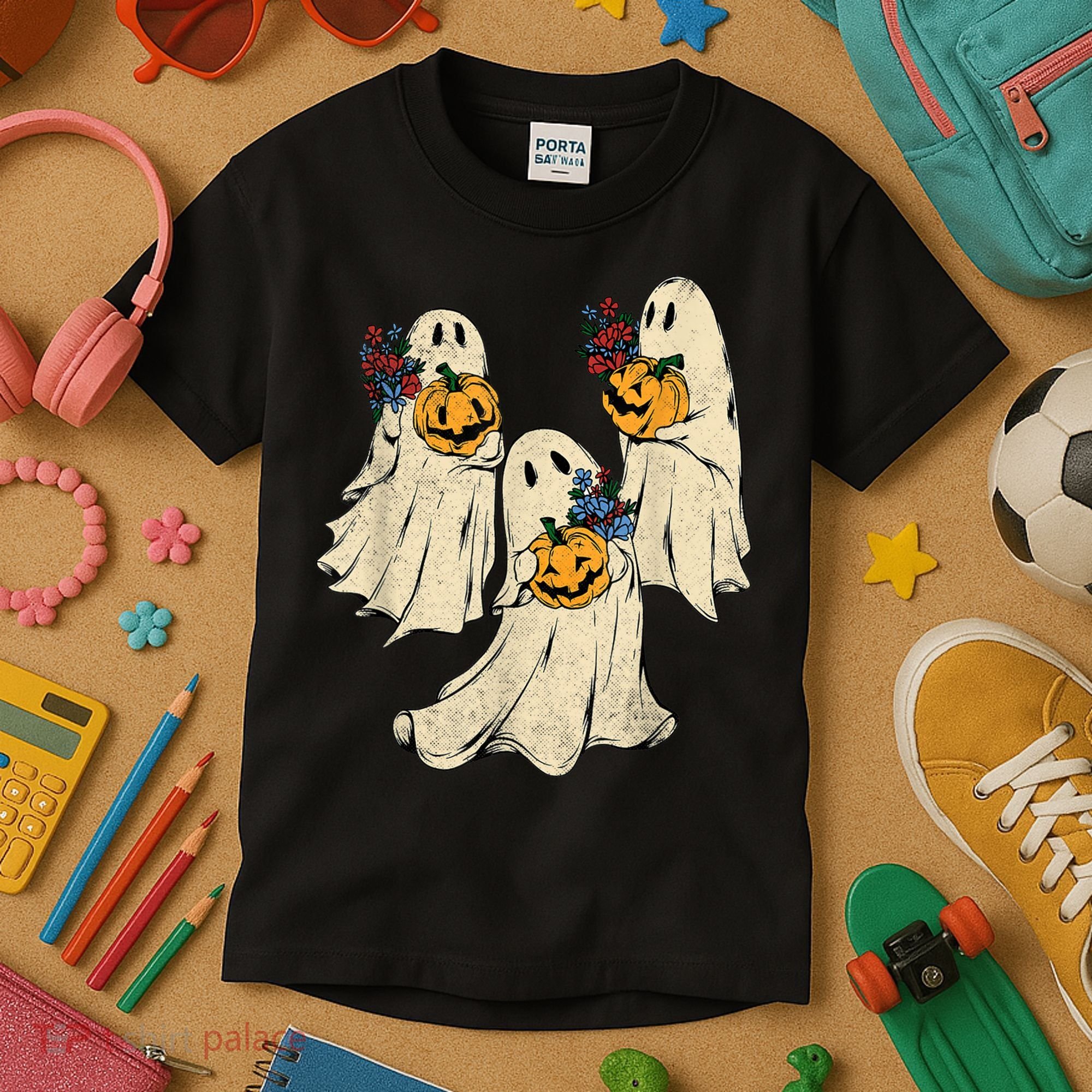 Retro Groovy Pumpkin Ghost Costume Halloween Floral Ghosts Kids T-Shirt