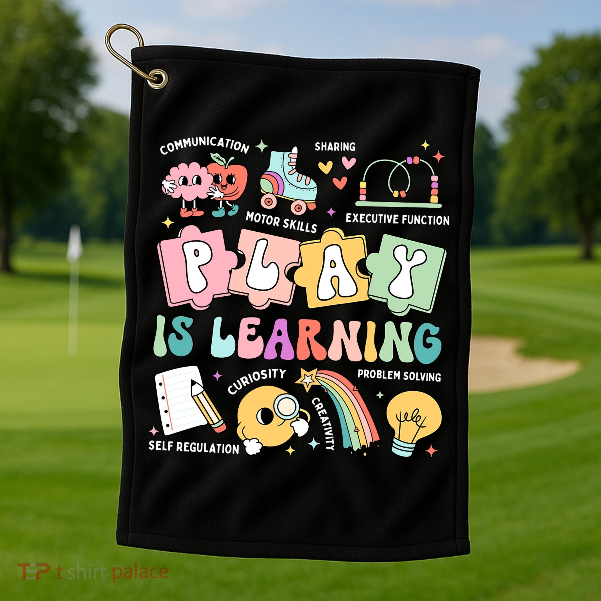 Retro Groovy Play Is Learning Kindergarten Teacher Daycare Golf Towel