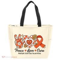 Retro Groovy Peace Love Cure Multiple Sclerosis Awareness Tote Bag thumb 0