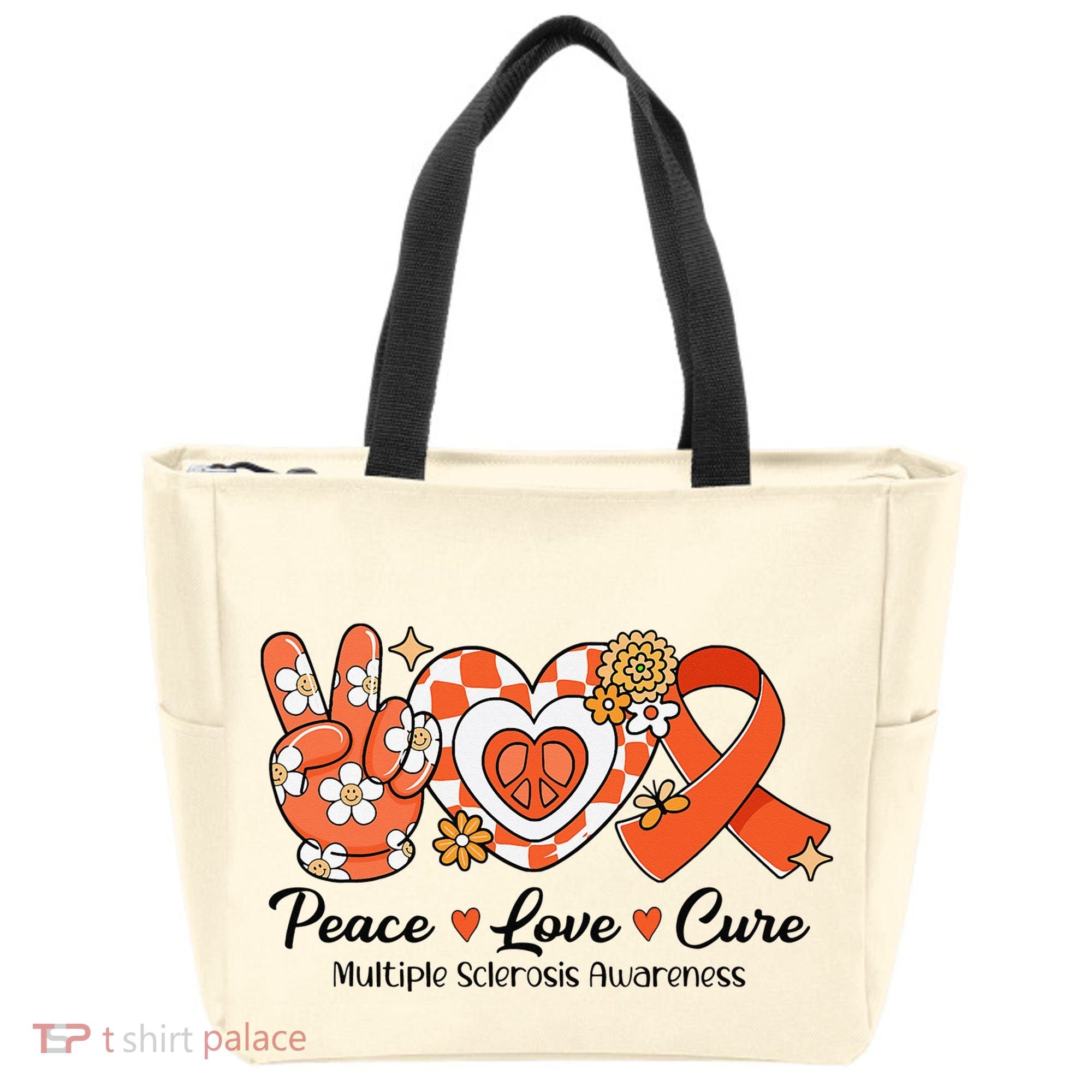 Retro Groovy Peace Love Cure Multiple Sclerosis Awareness Tote Bag