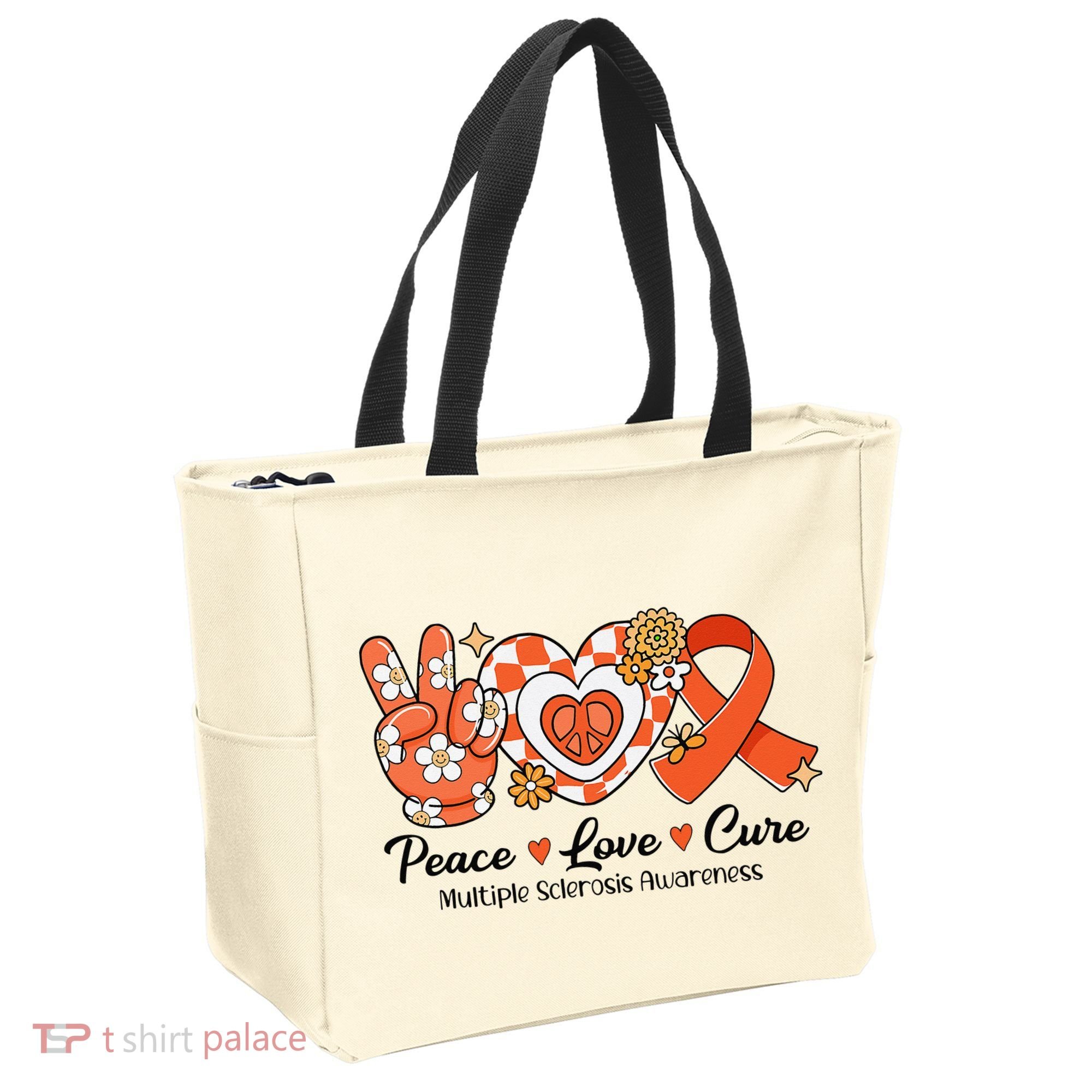 Retro Groovy Peace Love Cure Multiple Sclerosis Awareness Tote Bag