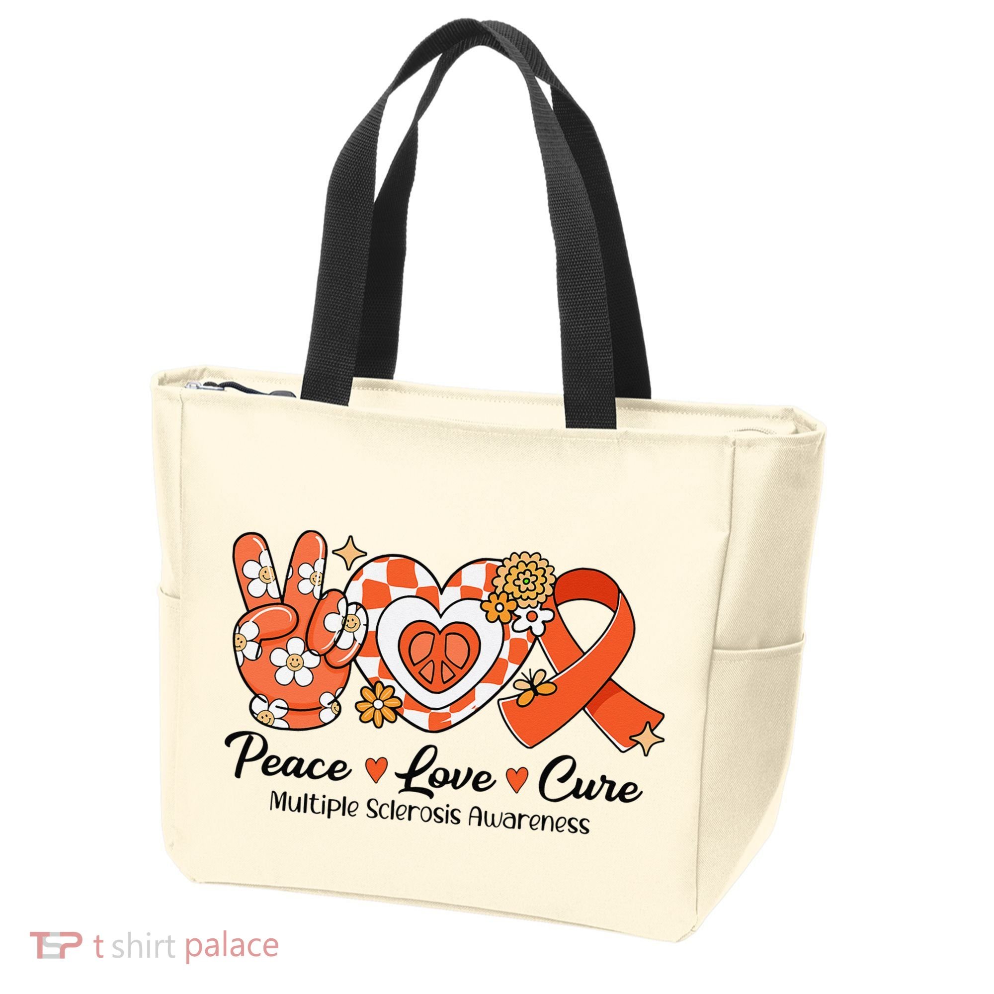 Retro Groovy Peace Love Cure Multiple Sclerosis Awareness Tote Bag