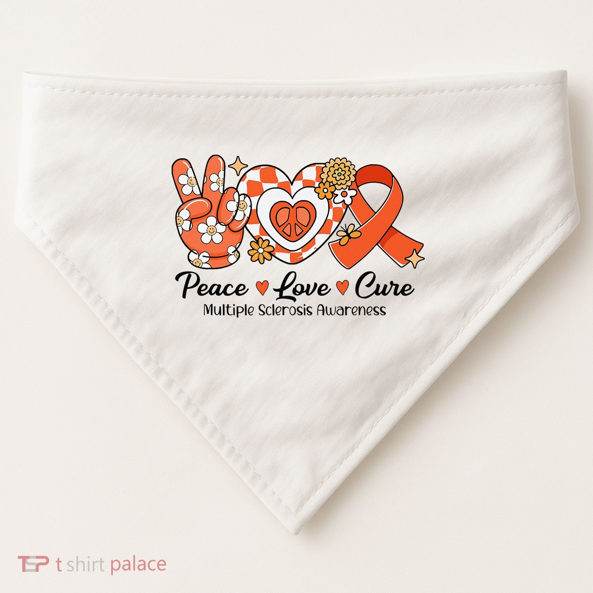 Retro Groovy Peace Love Cure Multiple Sclerosis Awareness USA-Made Doggie Bandana
